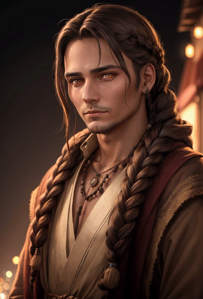 adult man indiginous with accessory indiginous at night braided hair glowing brown eyes protrait