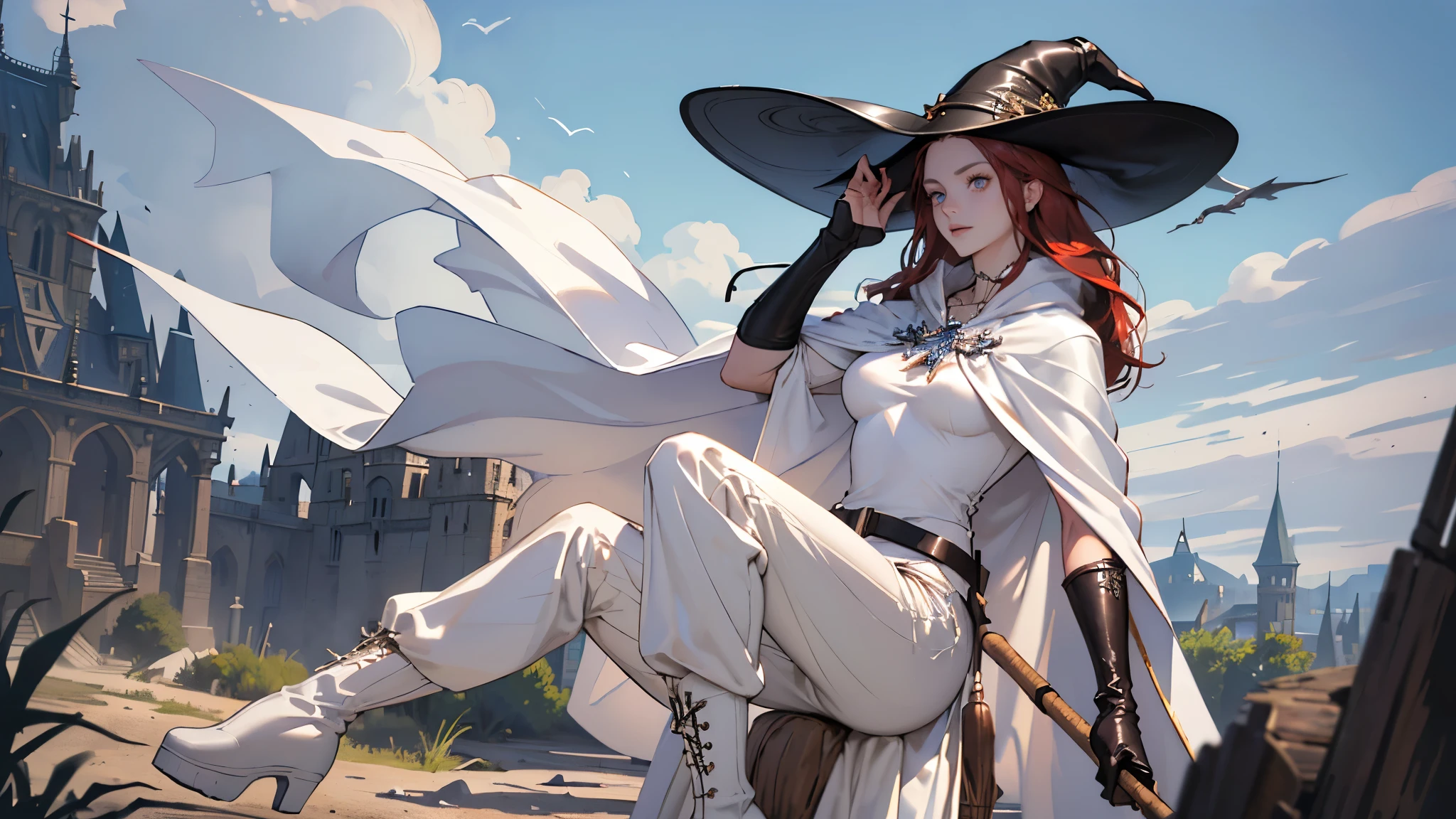 masterpiece, super detailed, 8K portrait, RAW photo, portrait photography, highly detailed face, beautiful and detailed eyes, ((fantasy)), young and beautiful, dynamic pose, (((long dark red straight hair))), ((witch)), white skin color, luxury, crystal necklace, (((Cloudy white silk long cloak))) fluttering in the wind, (((long one-piece tunic))), (((cropped pants)), (((leather boots))), ((fly in the sky on a magic broom)), midday sun, surreal, body model, big breasts, beautiful breasts, long legs, In the sky, environmental lighting, shadow details , Focus the camera on the thigh, strong wind, light fog