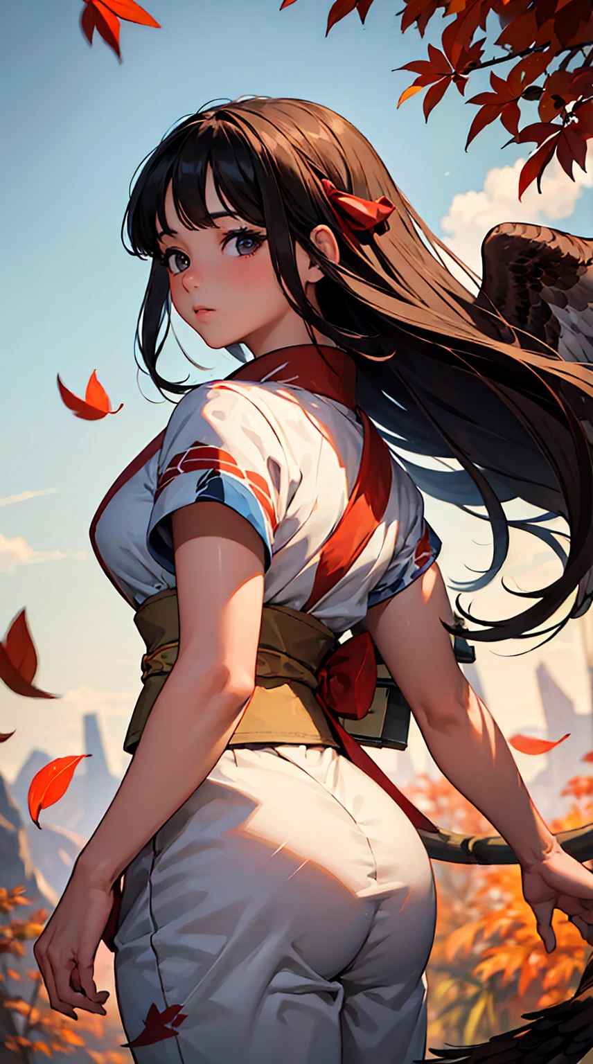1girl in,women's pictures, Attach a large red ribbon to the back of the head,with a big eagle、a beautiful painting、High quality,Best Quality, in 8K、Kimono, Wear pants,In the wilderness,Colored leaves