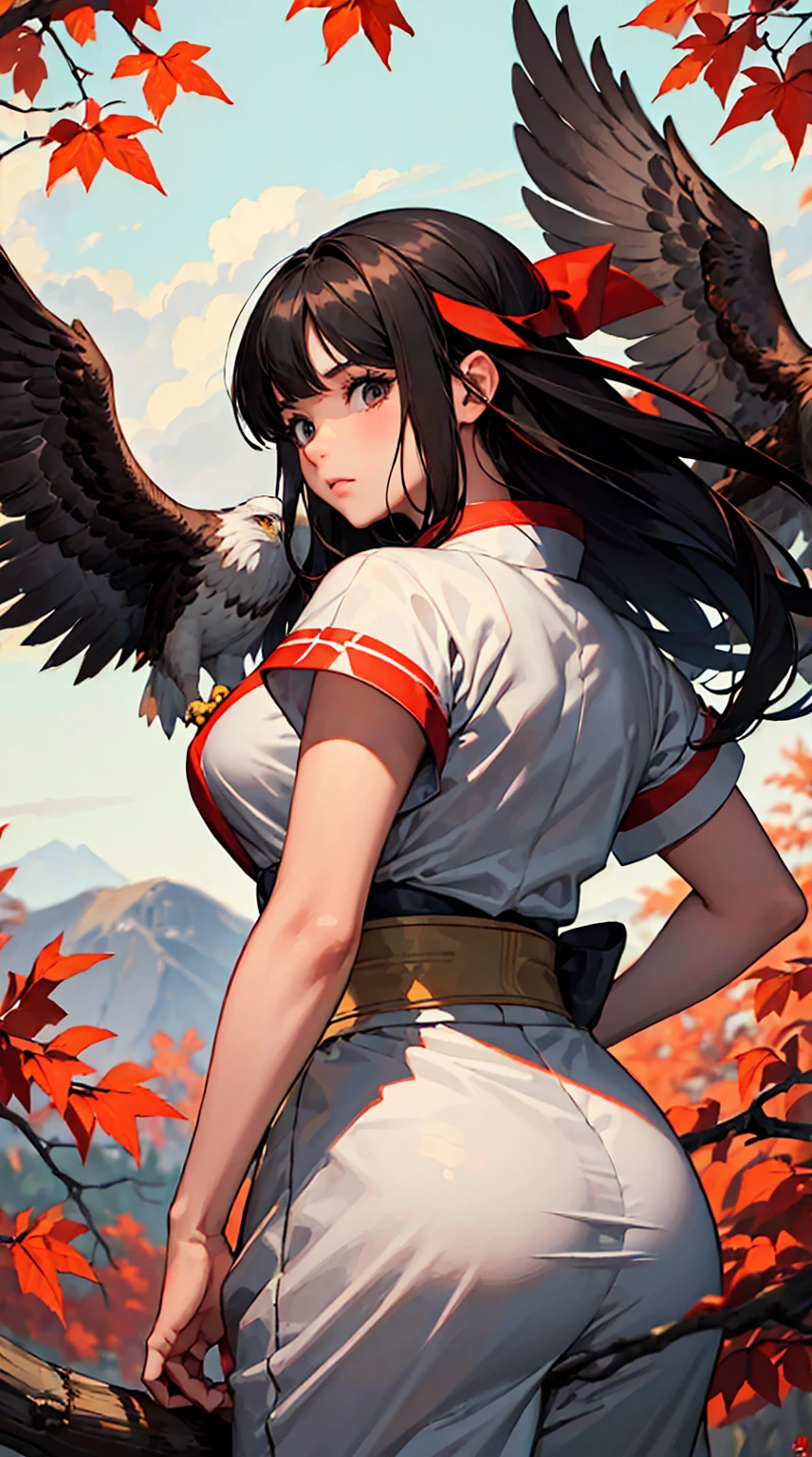 1girl in,women's pictures, Attach a large red ribbon to the back of the head,with a big eagle、a beautiful painting、High quality,Best Quality, in 8K、Kimono, Wear pants,In the wilderness,Colored leaves