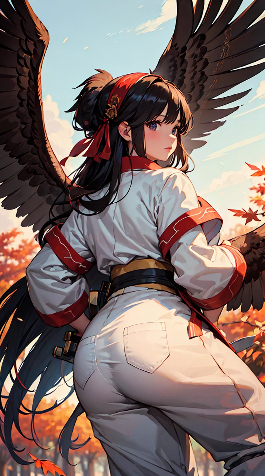 1girl in,women's pictures, Attach a large red ribbon to the back of the head,with a big eagle、a beautiful painting、High quality,Best Quality, in 8K、Kimono, Wear pants,In the wilderness,Colored leaves