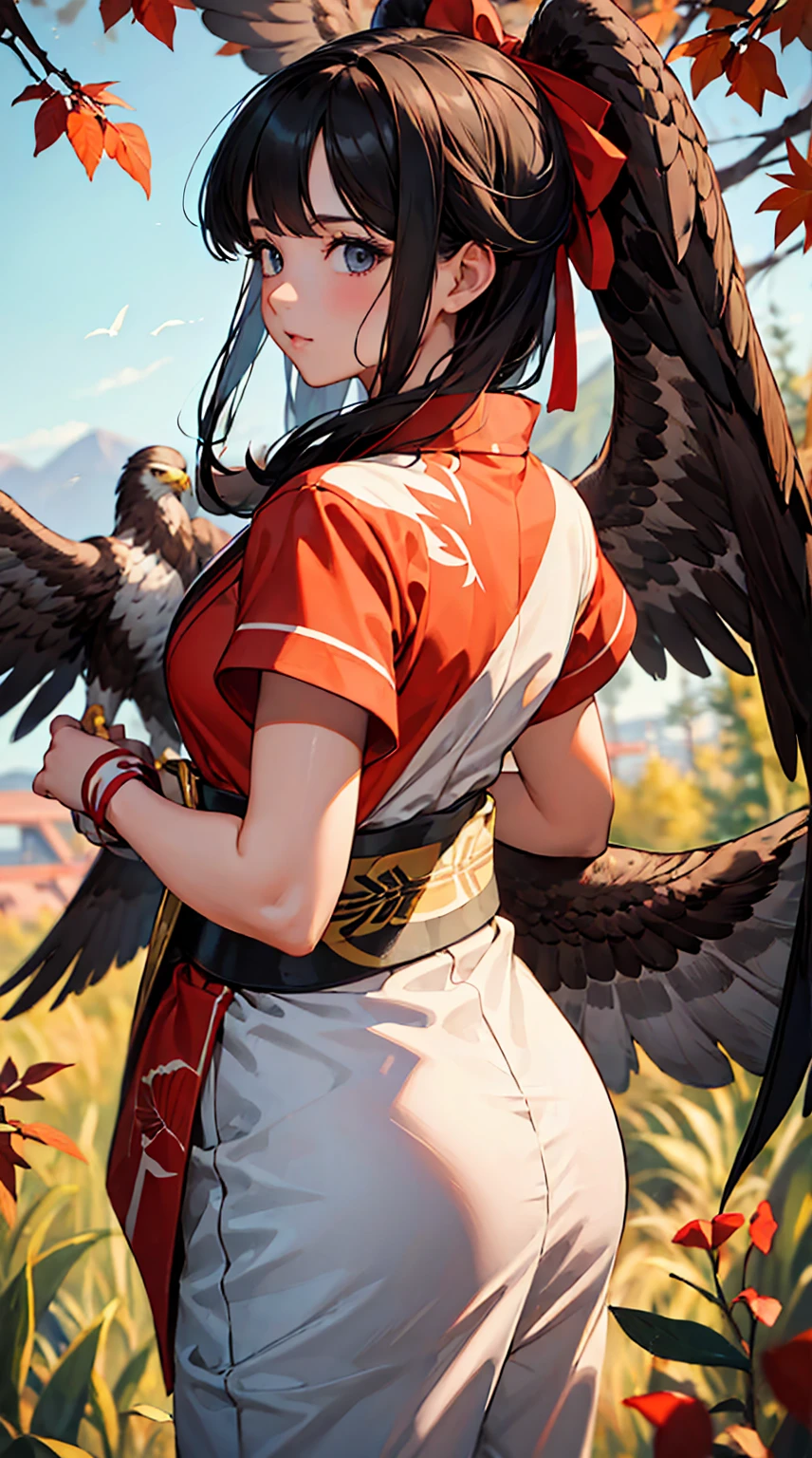 1girl in,women's pictures, Attach a large red ribbon to the back of the head,with a big eagle、a beautiful painting、High quality,Best Quality, in 8K、Kimono, Wear pants,In the wilderness,Colored leaves