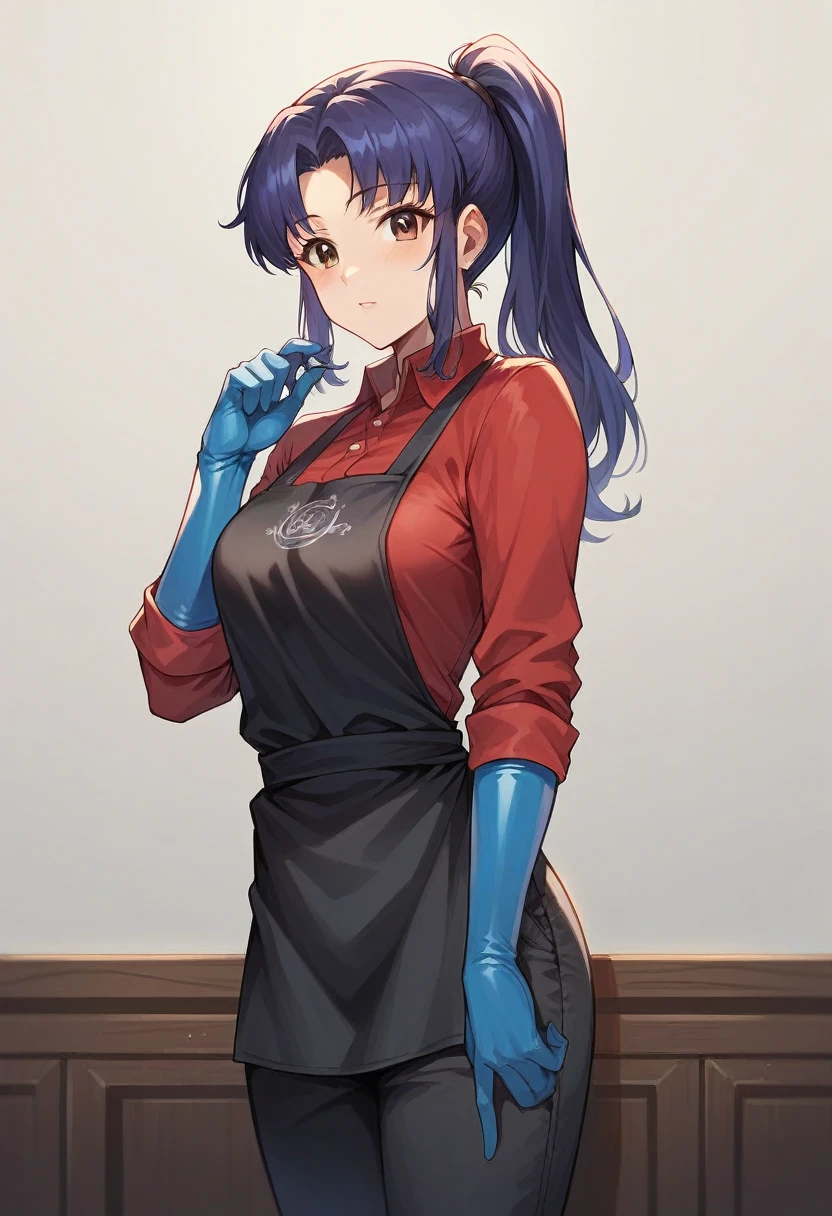 1girl, misato katsuragi, ponytail, ((blue half elbow rubber gloves)), (red shirt), ((long sleeves)), (black apron), (pants), looking at viewer, standing, solo