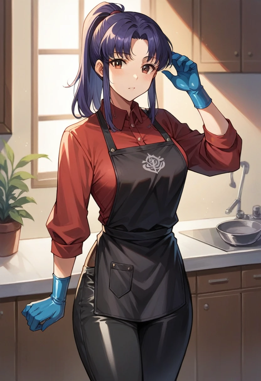 1girl, misato katsuragi, ponytail, ((blue half elbow rubber gloves)), (red shirt), ((long sleeves)), (black apron), (pants), looking at viewer, standing, solo
