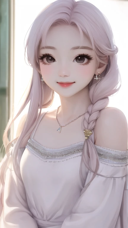 Realistic、Super adopted、1 young idol girl、Gazing into the distance、date、off shoulder white tops、Round and young々Funny face、Accessories Full、necklace、Clear Eyes、Long eyelashes、Small breasts、Narrow waist、light makeup、smile。Light-colored hair、
