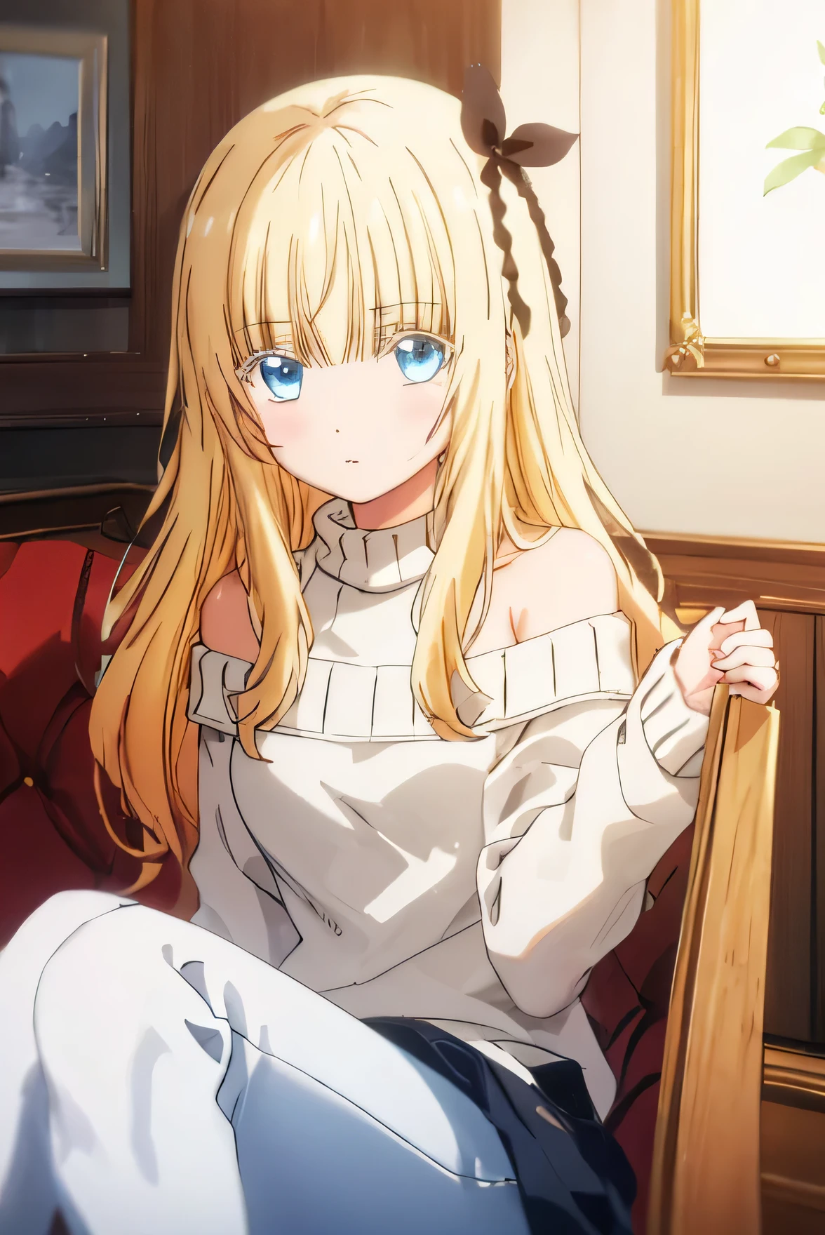 ((Highest quality)), ((masterpiece)), (detailed), One girl, Off-the-shoulder sweater, 