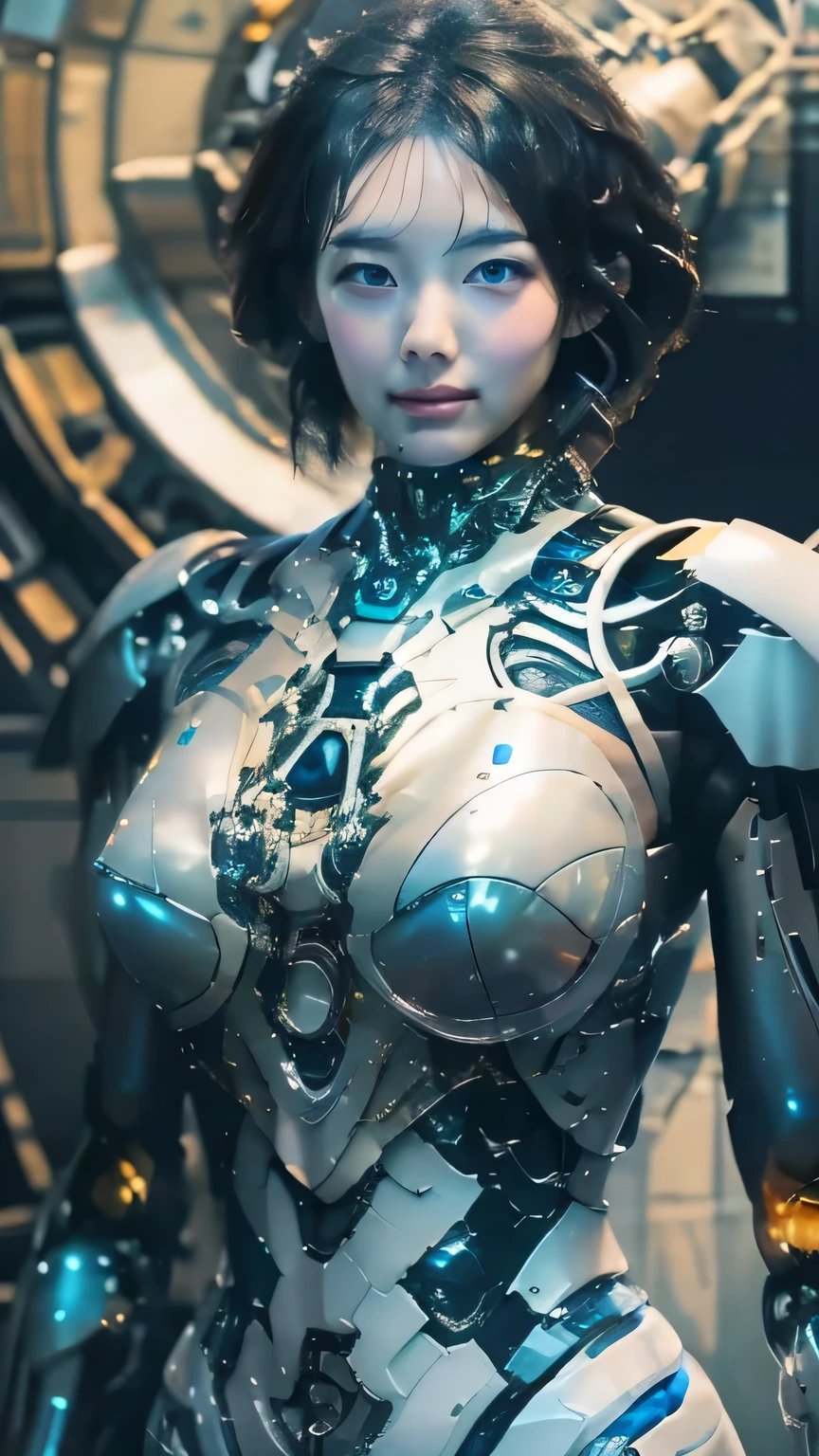 masterpiece, Highest quality, Very detailed, Japanese Android girl,Plump ,Control panel,robot arms,robot,Android,cyborg,white robot body,Ceramic body,perfect robotgirl,Blunt bangs,Sumo wrestlers,blue eyes、blue powered suit、