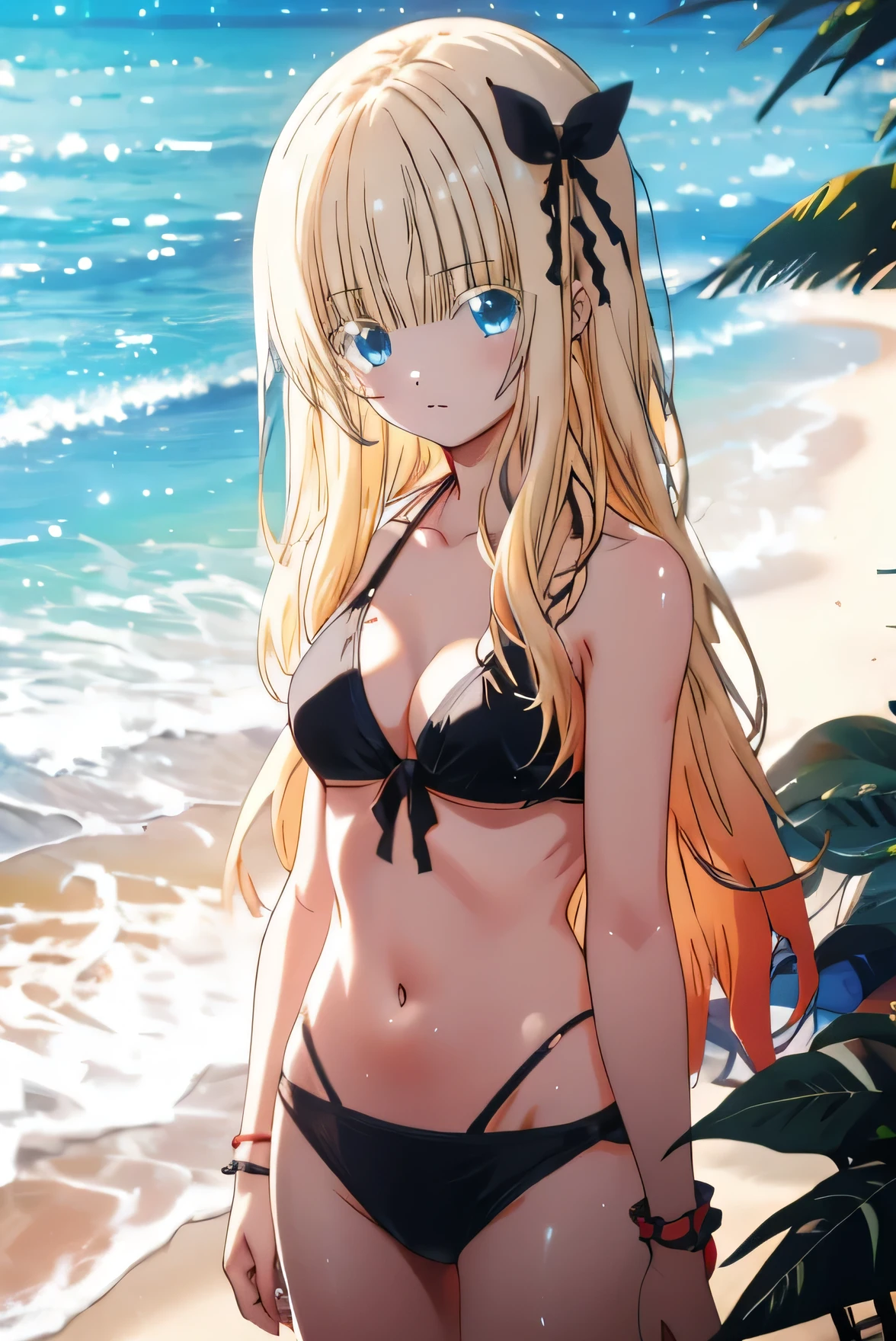 Micro Bikini、Embarrassed expression、Blonde、Long Hair、High resolution、high quality、summer、sunlight、Ocean、