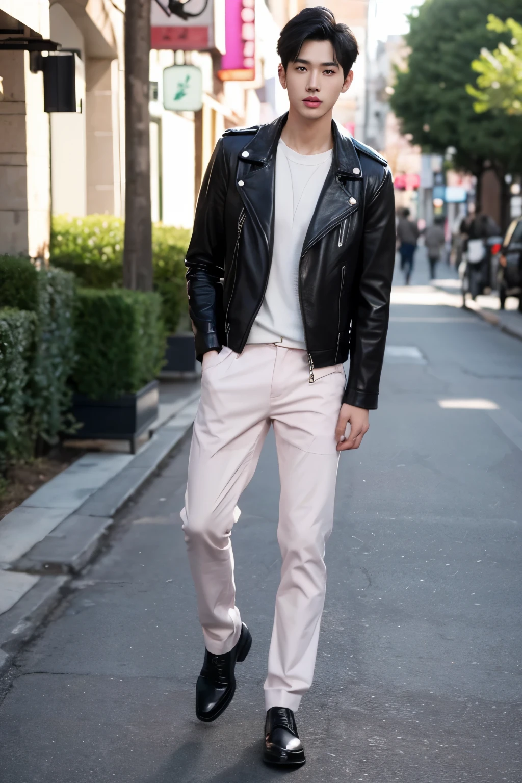 A handsome and cute tall asian boy with perfect face, white skin tone, black hair, light pink lip, dressed in black leather jacket 8k realistic full body pic