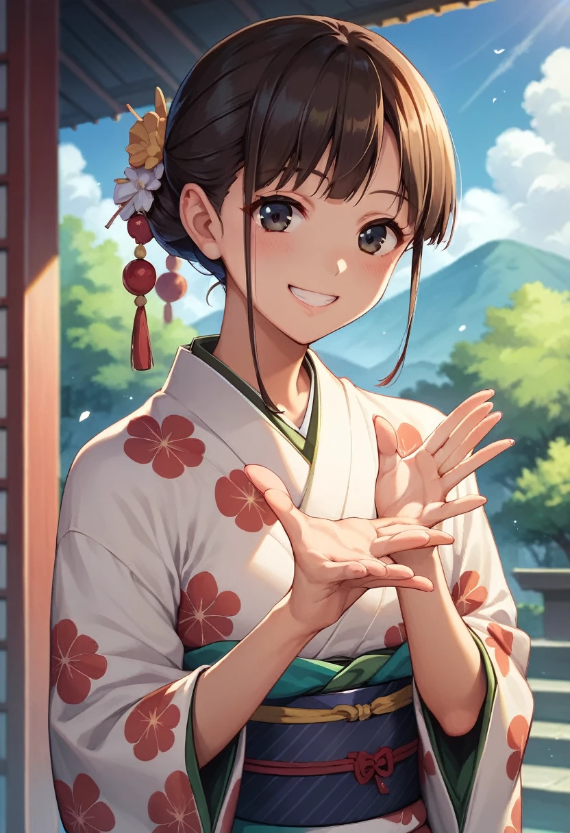 ((masterpiece)),((Ayako Katagiri)),((Katagiri Ayako)),((Full smile)),((Smile)),((happiness)),Healthy Beauty,(((kimono))),sexy,Anatomically perfect hands