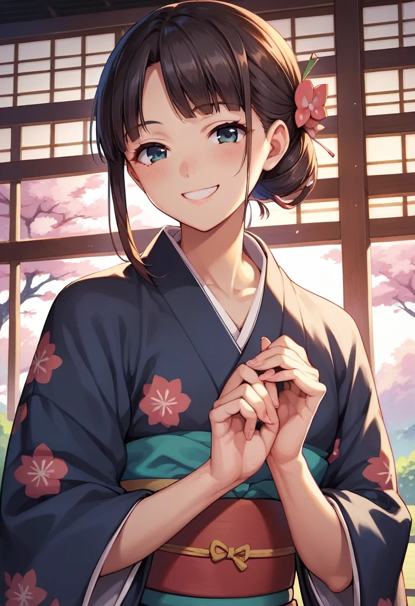 ((masterpiece)),((Ayako Katagiri)),((Katagiri Ayako)),((Full smile)),((Smile)),((happiness)),Healthy Beauty,(((kimono))),sexy,Anatomically perfect hands