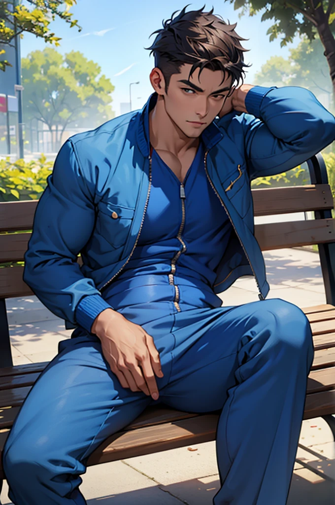 A handsome man in a simple blue jumpsuit is sitting on a park bench and looking at the camera、belly button