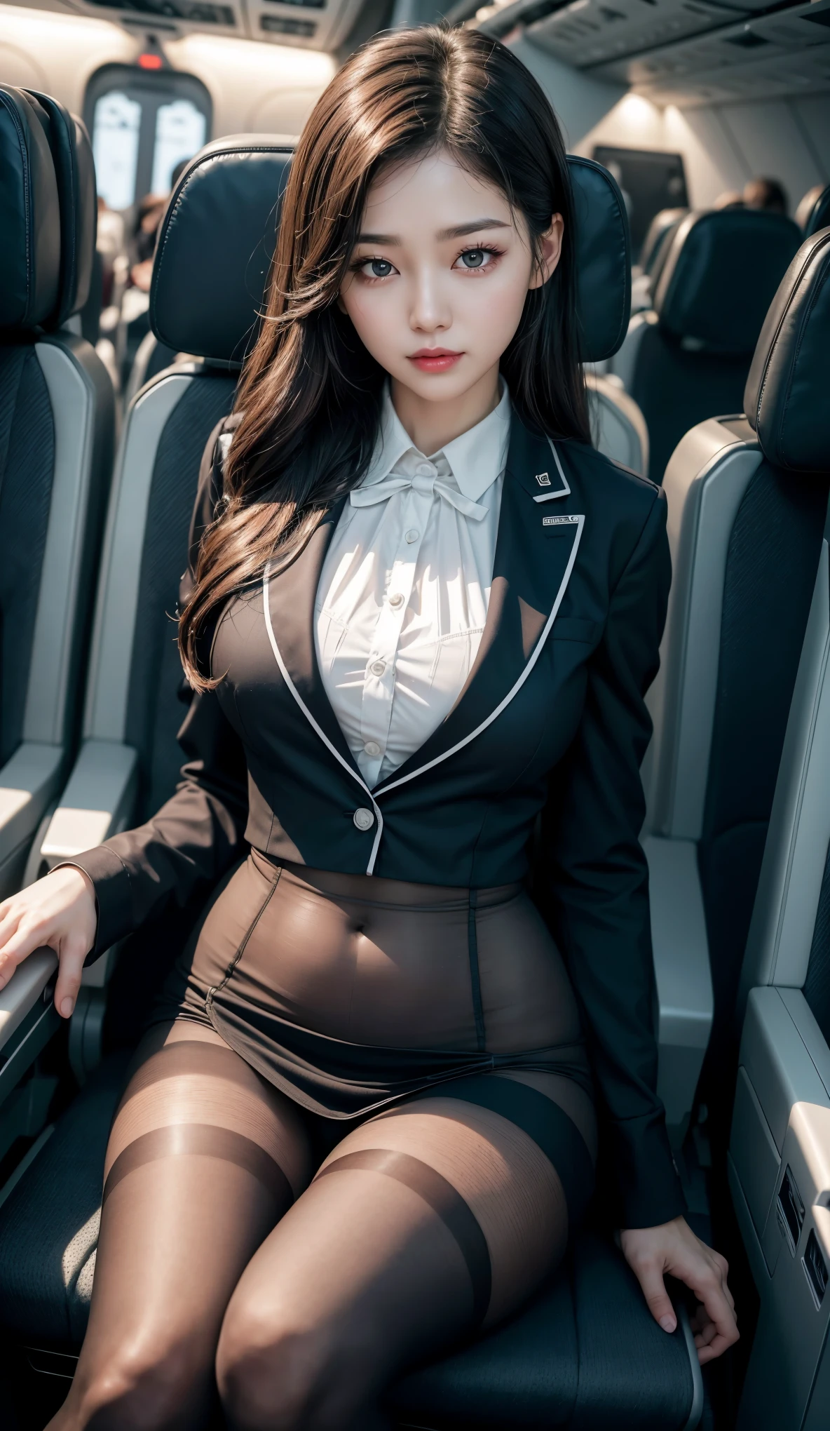 8k, masterpiece, RAW photos, best quality, realistic, 매우 상세한 CG가 8k를 통합합니다., 8k, Diamond, and wallpaper, depth of field, Cinematic Light, lens flare, ray tracing, (very beautiful face, beautiful lips, beautiful eyes), A face with intricate details, ((highly detailed skin)) 1 girl, in the dark, deep shadow, pretty korean girl, kpop idol, Photo of a sexy woman sitting in an airplane seat,wearing white flight attendant uniform,Skirt that hugs the buttocks,(아주 날씬하고 slim 근육질의 몸매:1.3), (flesh colored pantyhose:1.3),Light and tight flight attendant uniform,medium chest,wide hips,dried up,red lip,black eyes,(scary:0.9),cross legs,(Textured fabrics:0.9),looking at viewer, (pale skin), (big eyes),(smile:0.8),seduce the camera,(metal fabric:0.5),very complicated,(In reality,original language:1.5), Side slit, (hazy:0.9), facial details, poor quality photos, high contrast, inside the airplane, slim, bow-shaped, (rebellion:0.4)