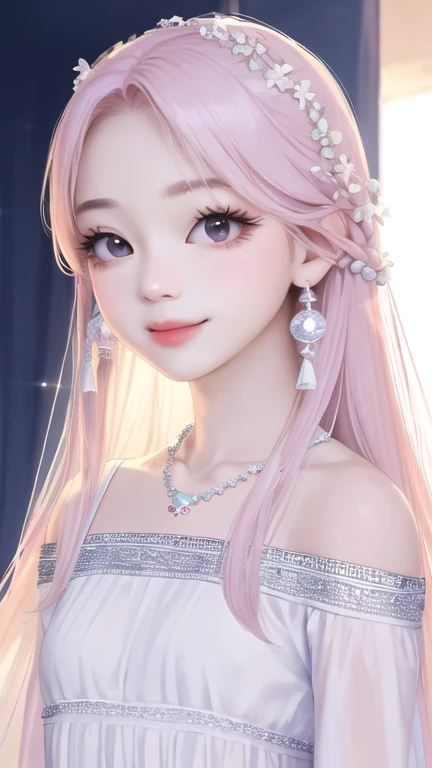 Realistic、Super adopted、1 young idol girl、Gazing into the distance、date、off shoulder white tops、Round and young々Funny face、Accessories Full、necklace、Clear Eyes、Long eyelashes、Small breasts、Narrow waist、light makeup、smile。Light-colored hair、