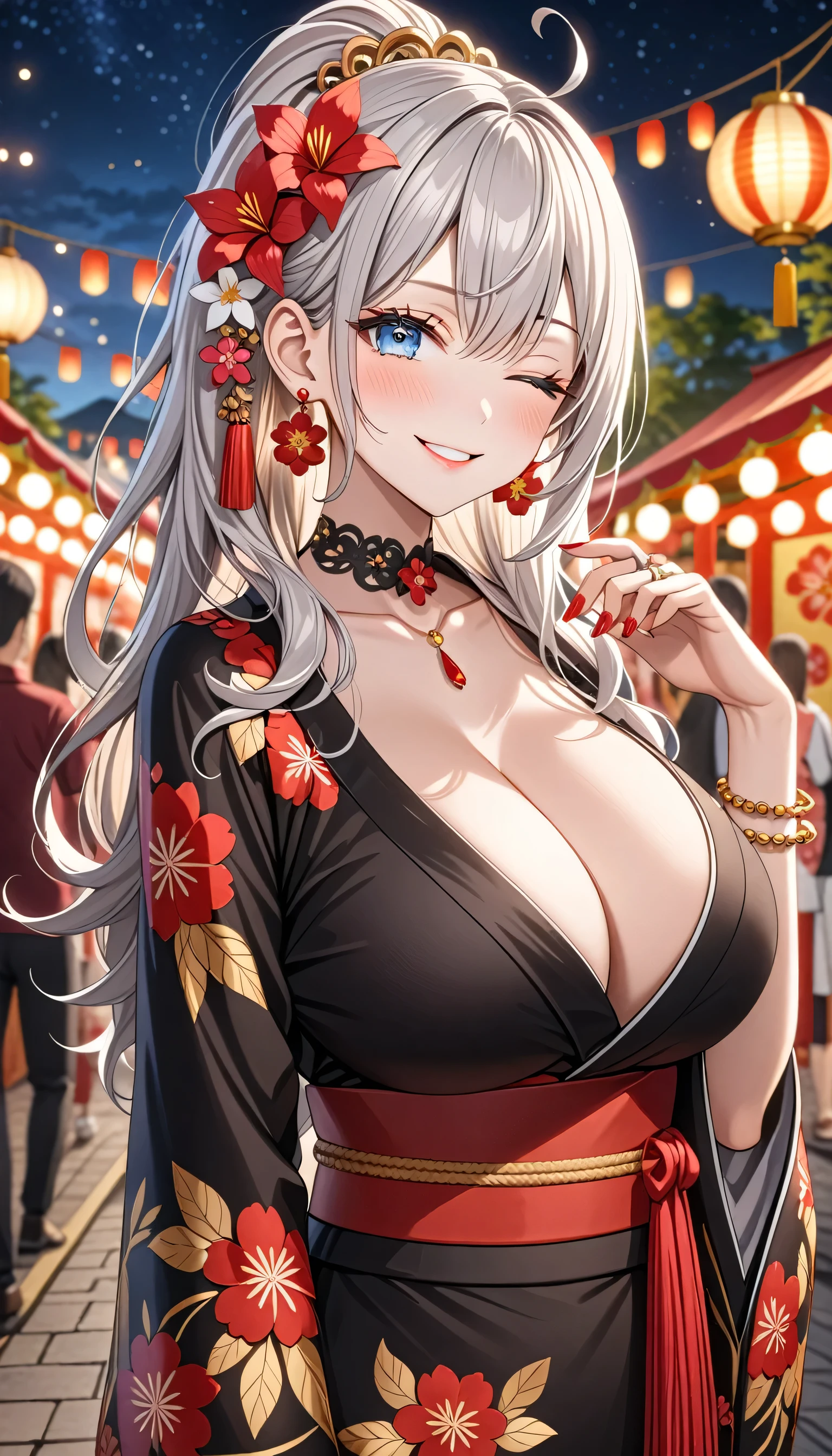 ultra-detailed, ((one girl)), (pale skin:1.4), (portrait), fair-skinned gyaru, ((Girl in black kimono)), (heavy makeup), hyper detailed, absurdres, 8k, Beautiful Face, (Laugh shyly), ((teasing smile:1.2)), ((happy smile:1.4)), ((Wink:1.4)), ((one eye closed:1.5)), (Laugh with your mouth wide open), ((Tilt your face:1.6)), View your viewers, ((full-face blush:1.3)), Glossy Red Lips, ((huge breasts:1.6)), summer, night, Small park, Festival Venue, ((Anime style background)),masterpiece, Highest quality, Latest, Complex details, ((red long nail:1.2)), (ring),(bracelet), (Floral Choker),AI-generated, Complex,High resolution, Highest quality, super high quality,3D Images、3D Images,One person, (Silver White hair),Long Hair, (White high ponytail), (wavy hair:1.3)), Anime woman posing for a photo, ((Eyes with detailed pupils、blue eyes、glowing eyes:1.3)), (Squint your eyes:1.1),a hyperRealistic , hyperRealistic , Realistic,Anime woman with long white hair, Smooth anime CG art, ((A girl in a gorgeous black kimono:1.2)), ((black furisode:1.3)),Gold embroidery, (Large floral pattern in red color), (Long red flower hair ornament),(big floral earrings), Mature Body, tall,Narrow waist, (extreme close-up shot),