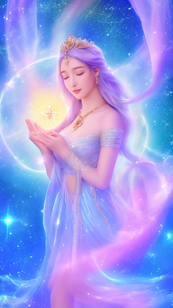Design a new tarot card inspired by the Star. The card should feature a beautiful frame typical of tarot cards, adorned with numerous sparkling stars. In the center, a captivating and mystical female fortune teller is depicted. She stands gracefully, holding a star floating above her hand. The background is filled with a dreamy, starry night sky, creating an atmosphere of hope and wonder. The image should be in the highest quality, 4K or 8K resolution, with highly detailed and photo-realistic features. The artistic style should use bright colors and strong contrasts, emphasizing the magical and mystical theme. The fortune teller's expression should be serene and filled with a sense of guidance and inspiration.