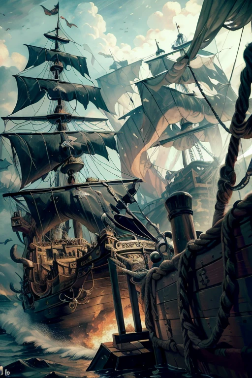 (8k, Highest quality, masterpiece)，Pirate War, Pirates ship war fighting each other, epic pirate battle, cannon fire, pirate ship war, detailed pirate ship, chaotic battle scene, stormy sea, dark clouds, fire and smoke, Pirate war fierce conflict war between pirates wearing pirate costumes, {Realistic, RAW Photos, Super Fine Clear, Impressionist painting, (Influenced by Impressionist painting:1.1)}, naval battle, Pirate Combat,  by W. Heath Robinson, 