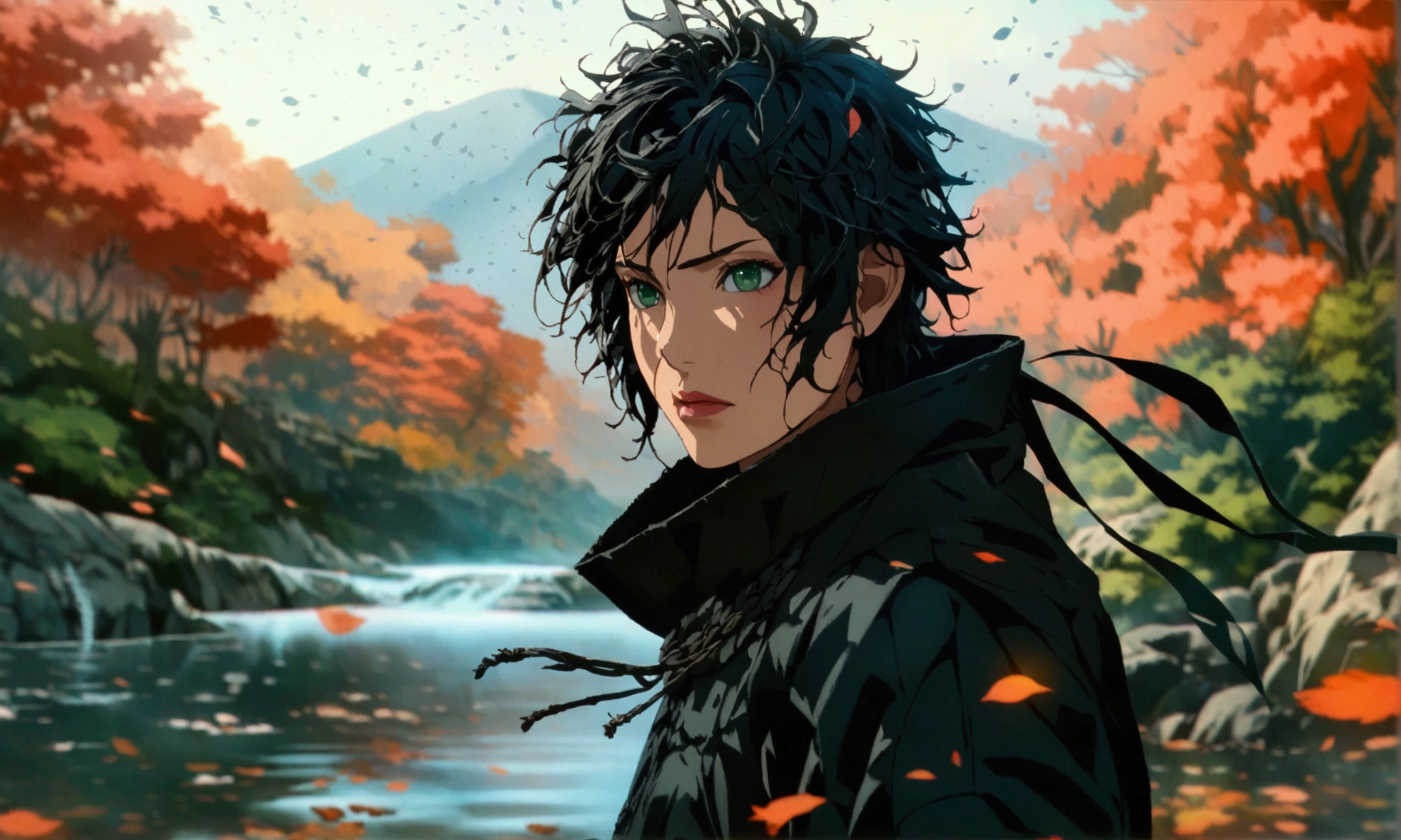 Man, black hair, green eyes, black coat, black river background,"Anime character design inspired by Naruto, full of dramatic and impressive lighting, focus on the centralized character, impressive face, full of creative details, ultra-fine 4K design, scenery bathed in creativity, boasting 2D anime resolution clarity, HD anime graphics, high-octane rendering"