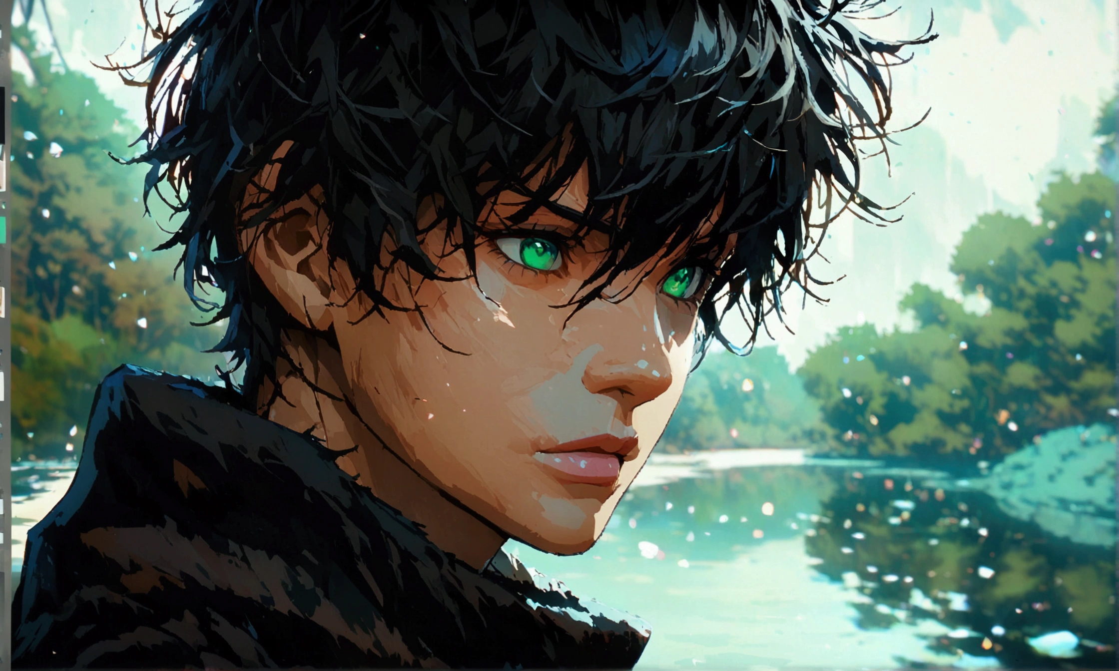 Man, black hair, green eyes, black coat, black river background,"Anime character design inspired by Naruto, full of dramatic and impressive lighting, focus on the centralized character, impressive face, full of creative details, ultra-fine 4K design, scenery bathed in creativity, boasting 2D anime resolution clarity, HD anime graphics, high-octane rendering"