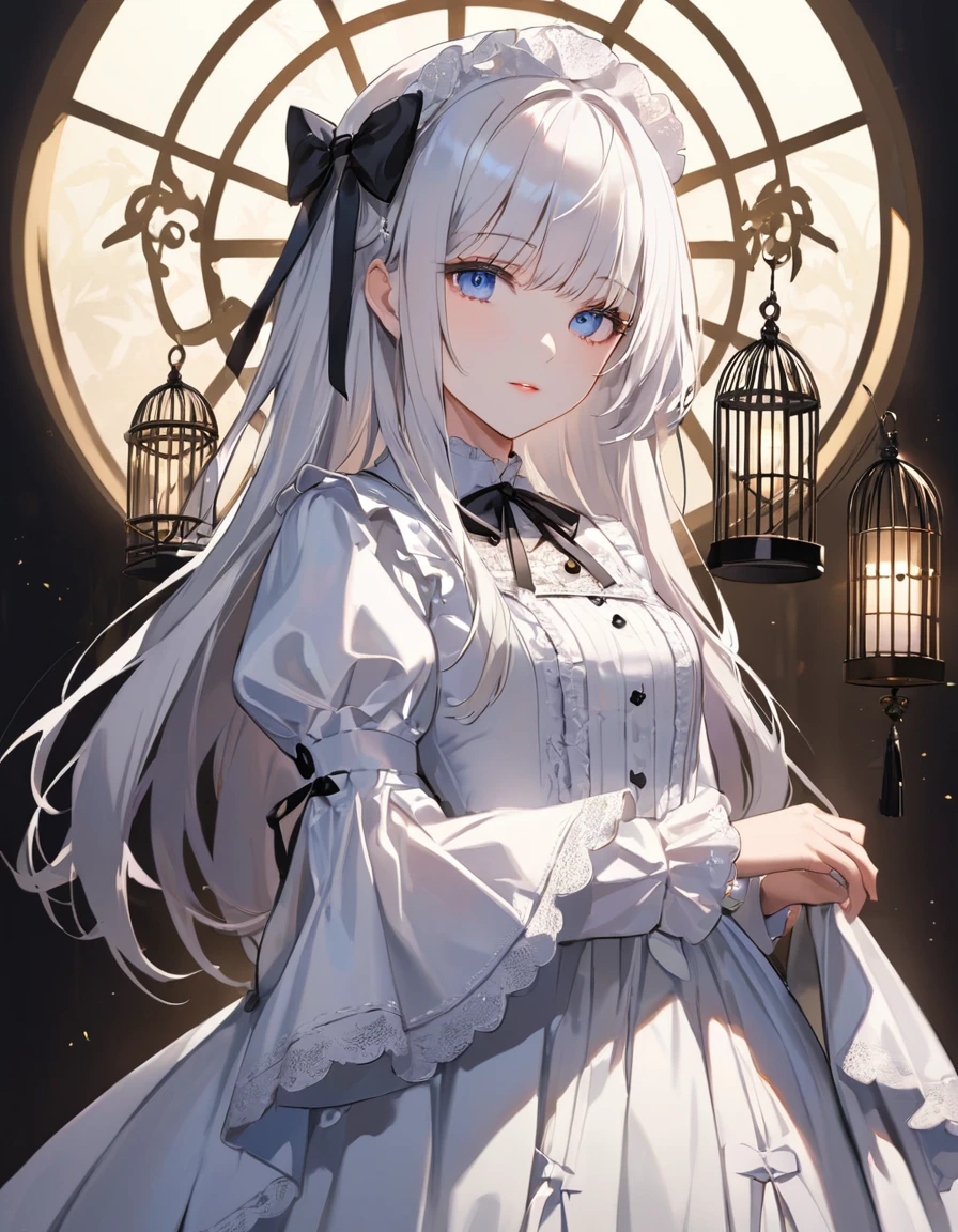 (top-quality),(masuter piece),Delicately drawn face,girl with a pretty face,beautiful detailed blue eyes,white lolita fashion,((beautiful detailed white costume)),(Beautiful silky white hair:1.2),black ribbon hair ornament,pale skin,film lighting,(background is silhouette of birdcage),cowboy shot