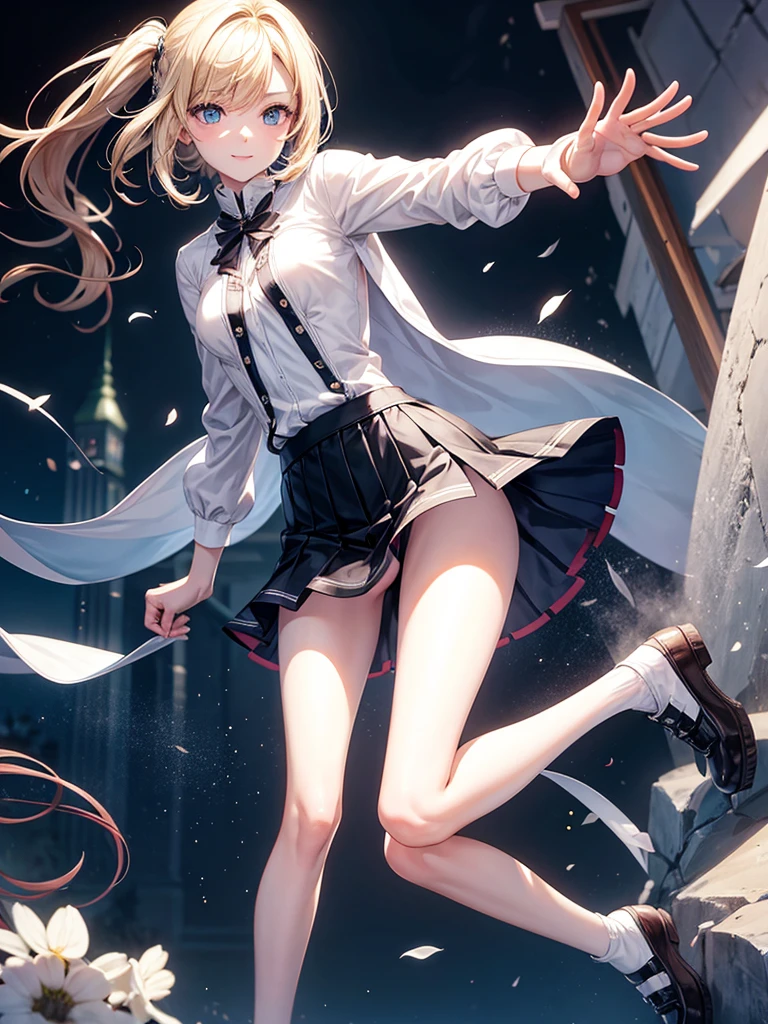 Anime style, super fine illustration, highly detailed, beautiful detailed, pale tone image, static representation, gentle expression, 8k, full body, pretty 1girl with blonde straight short hair & blue eyes & a bright smile & full bust & soft fair skin is wearing big white business shart not to show her skin & black tight skirt, taking off her shoes at the small entrance, in the night, romantic stories, solo, perfect 5fingers, perfect arms, perfect legs, masterpiece.