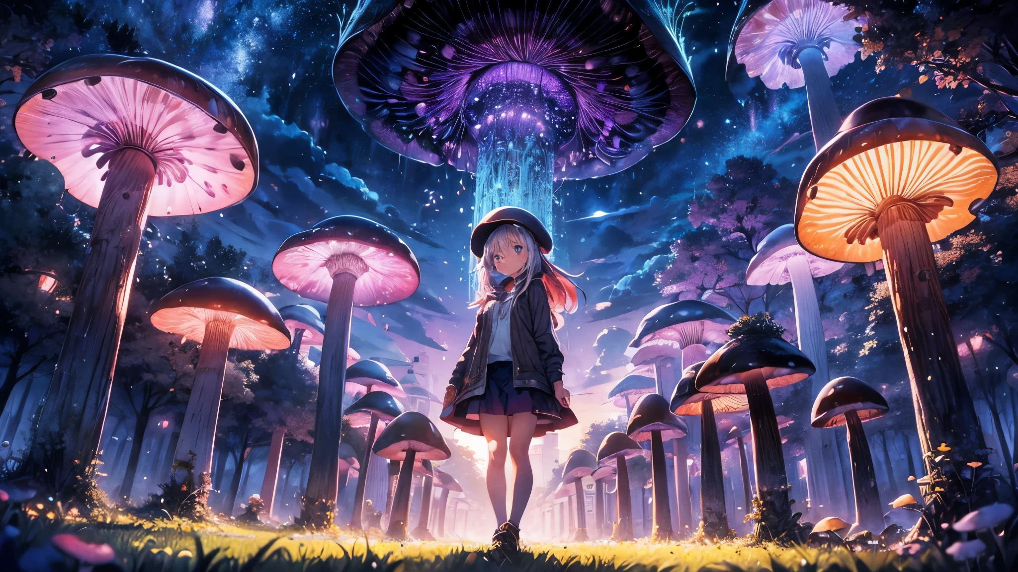 mushroom forest, girl in the center, there is a big mushroom in the center, forest made out of mushroom, thick mushrooms, there are mushrooms around, tall mushrooms, Purple sky, blue fireflies, anime, 8k