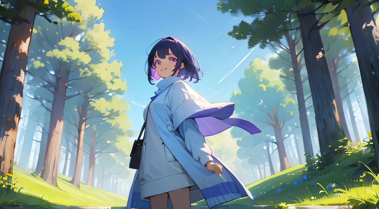 high quality, masterpiece, a girl on a date, purple eyes, bob hair, white sweater, clear blue sky, forests, smiling, lovely