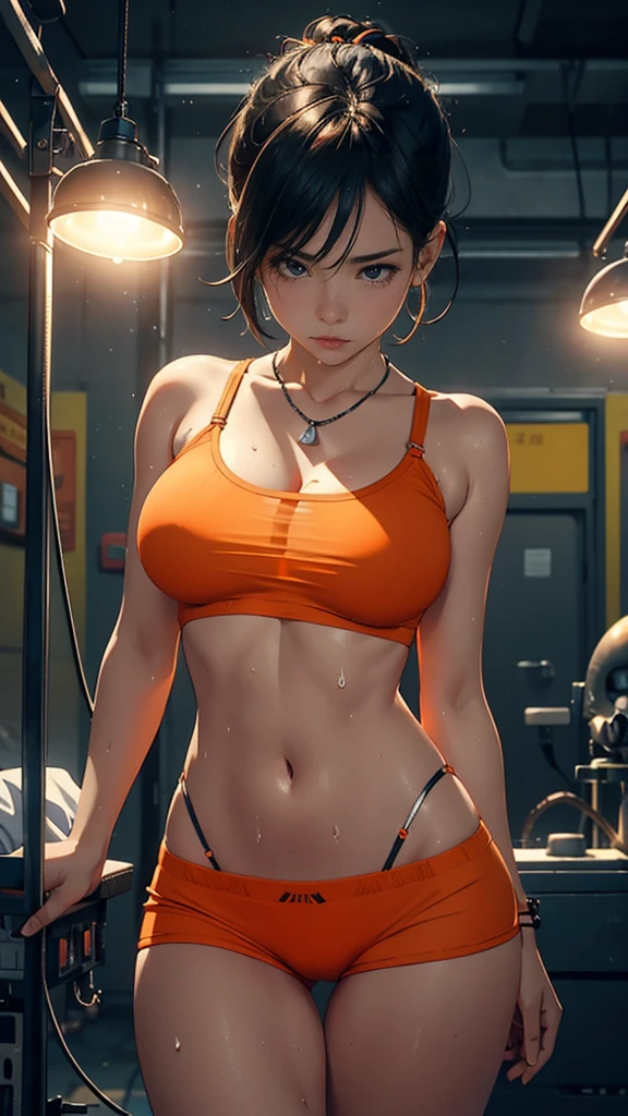 (view from the corner), Woman, 21 years old, big breast, perfect body, connected to a machine, perfect body, hands tied to the metal stretcher, legs open, Latina skin tone, (background: prision cell), (wearing: transparent top orange with serial number and lights), medical equipment around, syringes in the background, (underwear: short boxers with transparent lights), necklace with lights, transparent thigh bracelets, (face: crying expression), sweat on the skin. detail in the skin, short hair, soft lighting, robot guard in the background