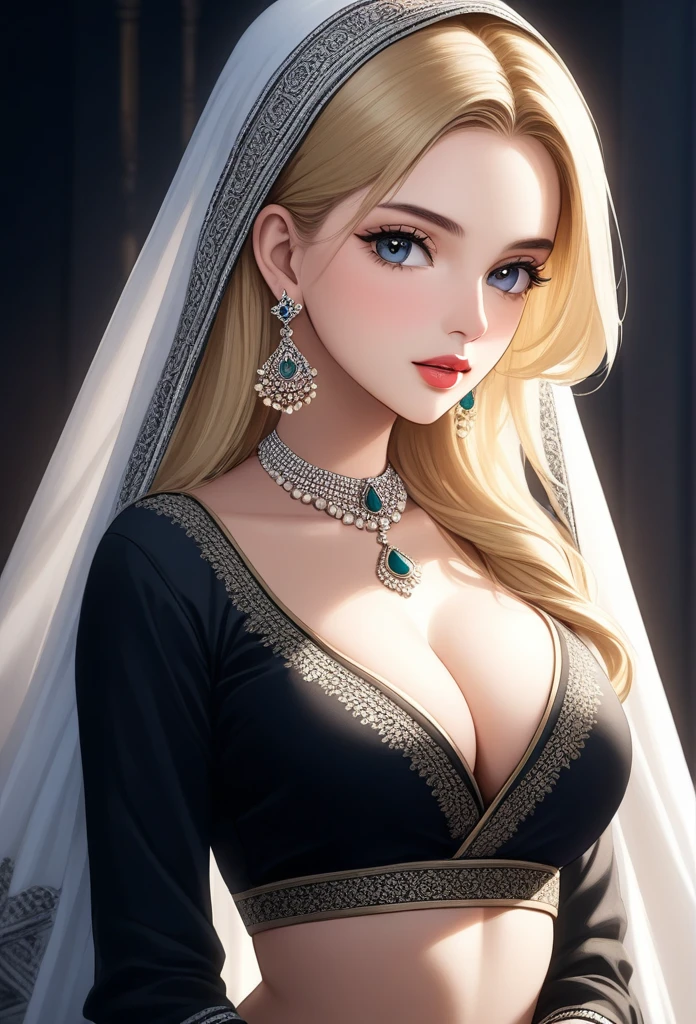 A beautiful young woman, 1girl, hourglass figure, seductive pose, printed design black lehenga and white dupatta, silky blunt blonde hair, heavy silver jhumka earrings, cleavage, detailed face with stunning eyes, full lips, flawless makeup, dark cinematic lighting, dramatic photorealistic effect, masterpiece-level 8K rendering, ultra-detailed, realistic, photo-realistic, HDR, UHD, studio lighting, ultra-fine painting, sharp focus, physically-based rendering, extreme detail description, professional, vivid colors, bokeh