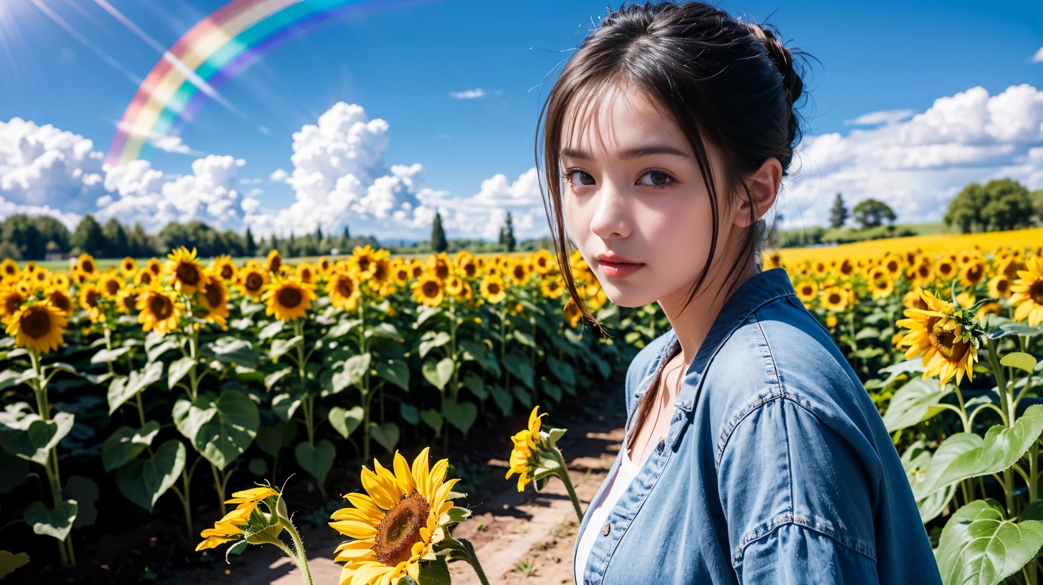 (Highest quality), (8k), (Highest quality), (Actual photo), (Realistic photos), Sunflower Garden, blue sky, Rainbow and sunshine.