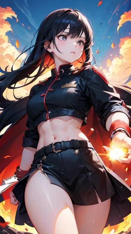 original character、Black Hair、Fire from the palm of your hand、Black eyes glowing red、Muscular、Exposing thighs、Red and black combat uniform、Sharp Eye、blue sky、Wide grassland、Looking up from below、Sunny、A peaceful world、Fireball from the palm of your hand、Hands burn、Swordsman