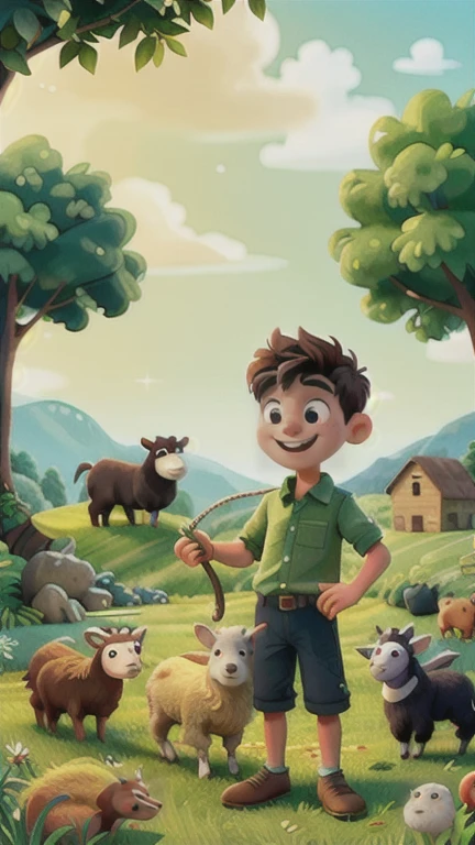 An image of David, a young shepherd, happily tending his sheep in a green field, playing the harp while the animals around him appear enchanted by the music.