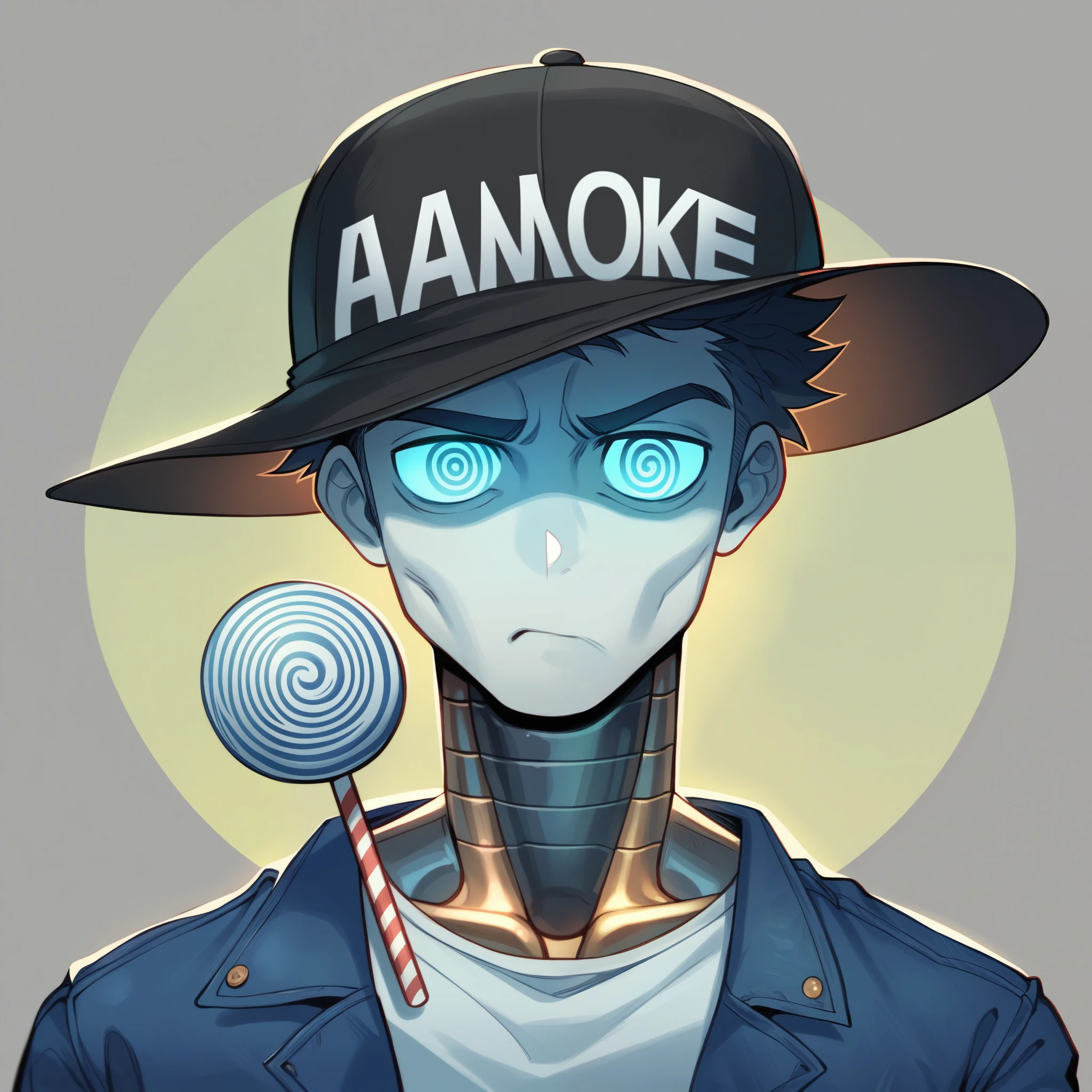 Cover gaya sad boys, circle shape. with a spiral line that appears red glowing, drak blue and metallic, Electric, with writing "Koh Ntuz SUNO MUSIC AI" circular. With a background of 3D cartoon characters in embossed form, a sad boy with an annoyed expression, wearing a hip-hop hat, jaket white glowing, cutbray jeans, suck on candy while brandishing a large bottle.