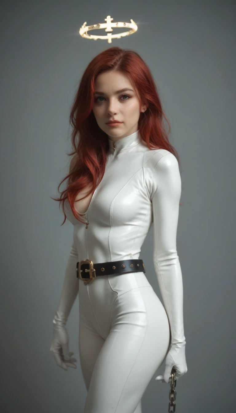 (zPDXL2), score_9, score_8_up, score_7_up, source_anime, 2d, (1 girl), jack-o' valentine,red hair,white bodysuit,gloves,halo,cross,belt,chain,tf_silver_,pet ,AissistXLv2, unaestheticXL_bp5, SimplePositiveXLv2, zPDXL2 PonyXLV6_Scores