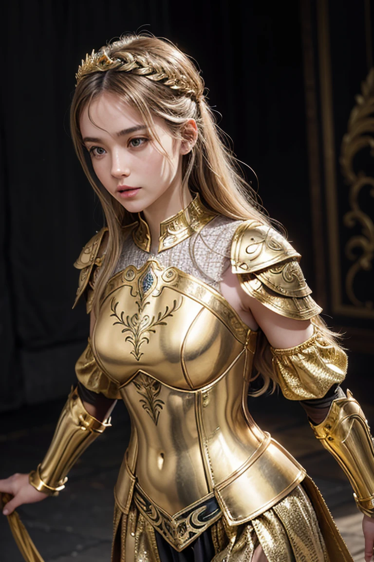 Clothing Style Description:"The Roman princess wears light and flexible armor, designed to provide freedom of movement while maintaining a dignified appearance. The armor is made of golden and shiny materials, with intricate details in a Roman pattern. The top is a fitted tunic with subtle metal plates that protect the chest and shoulders, while allowing agility. The armor&#39;s skirt is made up of layers of leather and durable fabric., providing leg protection without restricting movement. She wears comfortable and practical combat boots, and a golden waist sash with an elegant brooch. To finish, wears a decorative helmet that highlights your status, but it is light and functional