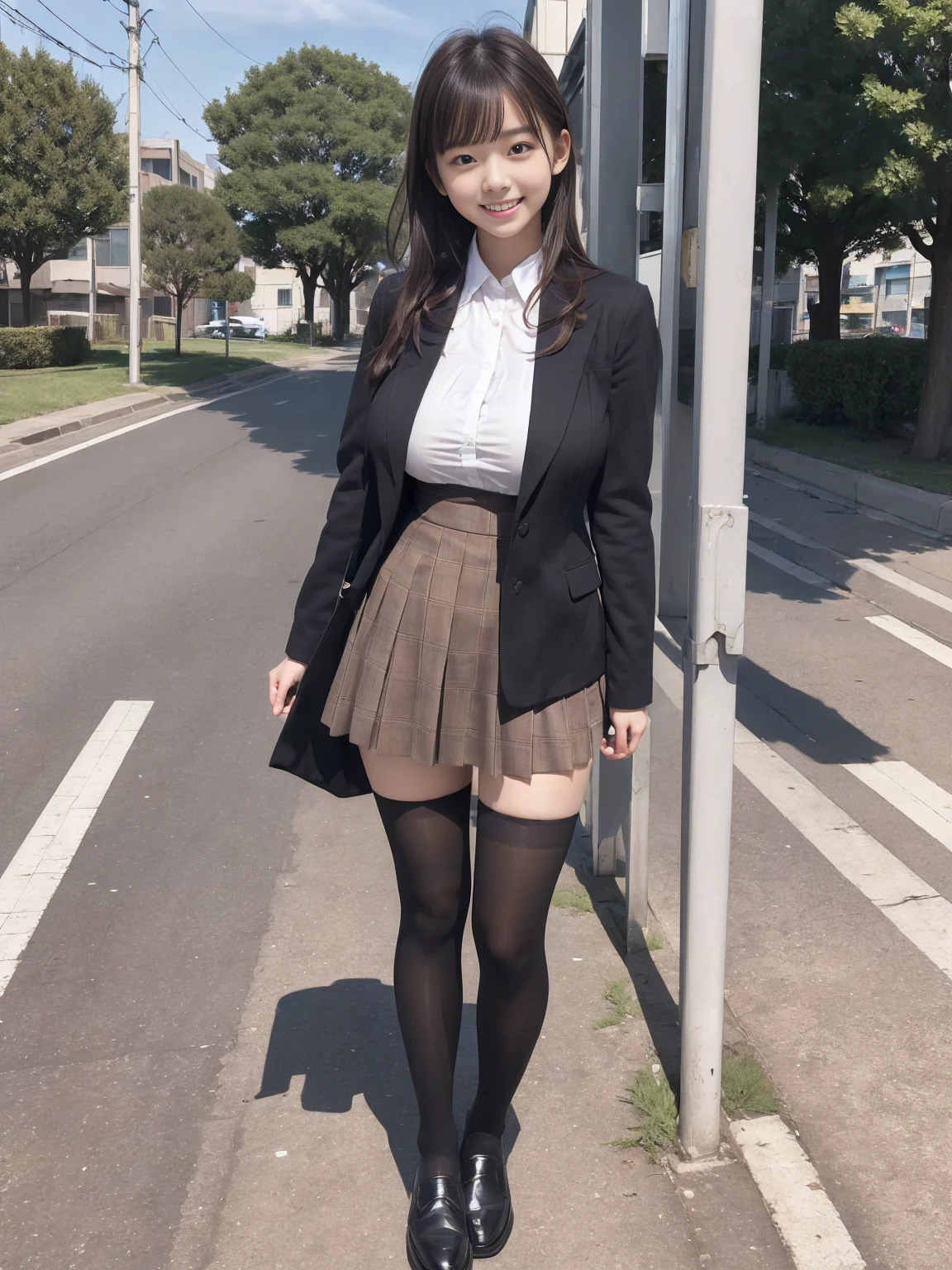 (masterpiece、8k、The pieces fly、RAW Photos:1.4)、High resolution、((A composition with a little distance from the subject))、 Slender、Stand with good posture、Morning Classroom、Realistic、-yeld jutop、I was waiting alone、hang your school bag on your shoulder、height: 150cm、、Delicate body、(Big Breasts:1.3)、Blazer Uniform、girl 、Checked skirt、Elegant teenage woman、black tights、black tights、Black knee-high socks、Brown loafers、Keep your feet on the ground、Full Body Shot、Full Body Shot、Neat hairstyle details、fairly thin legs、Looking at the audience with a smile