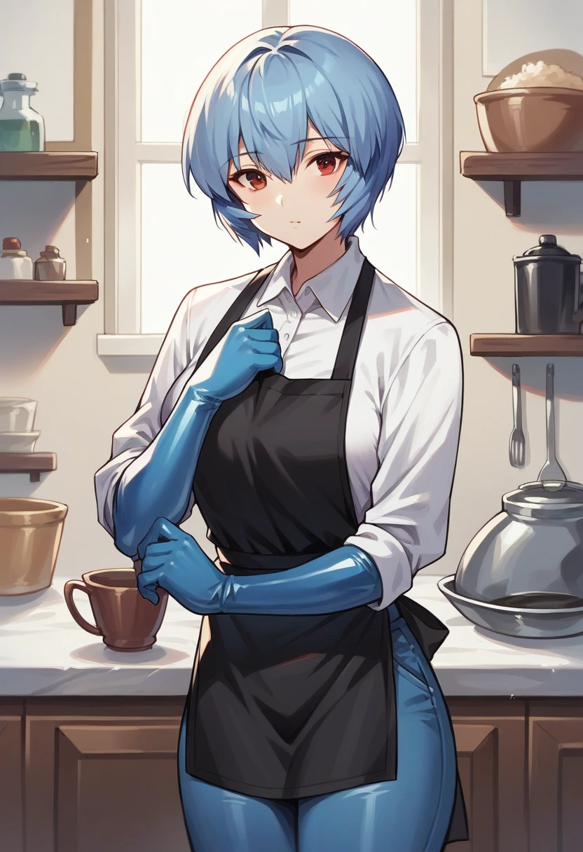 1girl, rei ayanami, ((blue half elbow rubber gloves)), (white shirt), ((long sleeves)), (black apron), (pants), looking at viewer, standing, solo
