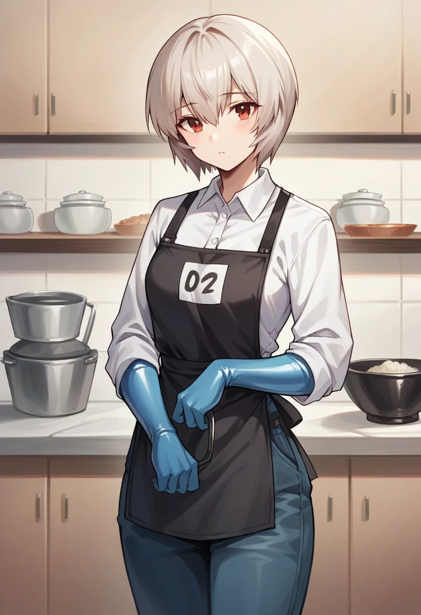 1girl, rei ayanami, ((blue half elbow rubber gloves)), (white shirt), ((long sleeves)), (black apron), (pants), looking at viewer, standing, solo