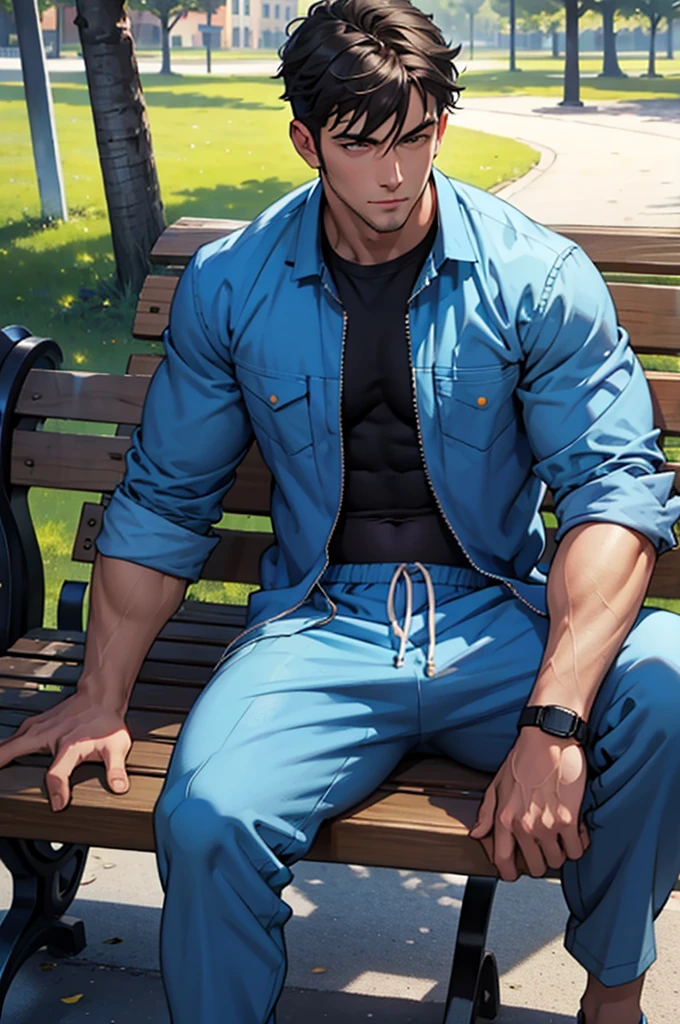 A handsome man in a simple blue jumpsuit is sitting on a park bench and looking at the camera、belly button