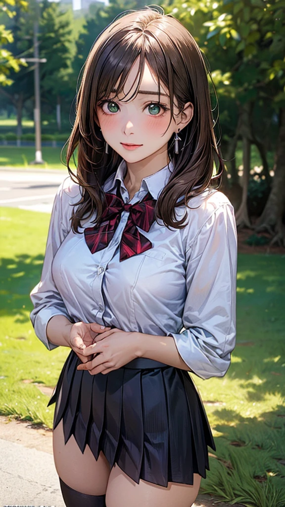 (masterpiece:1.2, top-quality), (realistic, photorealistic:1.4), beautiful illustration, (natural side lighting, movie lighting), 
looking at viewer, cowboy shot, front view:0.6, 1 girl, japanese, high school girl, perfect face, cute and symmetrical face, shiny skin, 
(lCowboy shot, front view, pixie cut
1.8, straight hair:1.7, light brown hair), parted bangs, emerald green eyes, long eye lasher, (large breasts:0.9, thick thighs), 
beautiful hair, beautiful face, beautiful detailed eyes, beautiful clavicle, beautiful body, beautiful chest, beautiful thigh, beautiful legs, beautiful fingers, 
((, white collared shirts, black pleated mini skirt, black socks, brown loafers, red bow tie)), break, hoop ring earrings, pink panties, dark blue violet cardigan, break,
(beautiful scenery),
In a grassy field, a girl iand their bodies are piled on top of each other.
Her face is bright red and flushed with embarrassment.
Even over clothing, one can see the large, full breasts and erect nipples.
