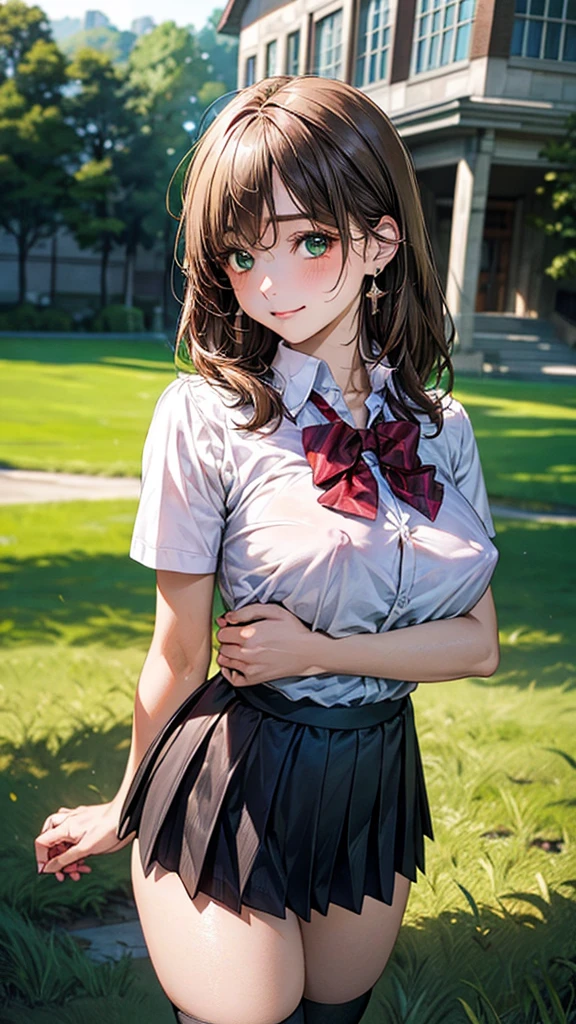 (masterpiece:1.2, top-quality), (realistic, photorealistic:1.4), beautiful illustration, (natural side lighting, movie lighting),
looking at viewer, cowboy shot, front view:0.6, 1 girl, japanese, high school girl, perfect face, cute and symmetrical face, shiny skin,
(lCowboy shot, front view, pixie cut
1.8, straight hair:1.7, light brown hair), parted bangs, emerald green eyes, long eye lasher, (large breasts:0.9, thick thighs),
beautiful hair, beautiful face, beautiful detailed eyes, beautiful clavicle, beautiful body, beautiful chest, beautiful thigh, beautiful legs, beautiful fingers,
((, white collared shirts, black pleated mini skirt, black socks, brown loafers, red bow tie)), break, hoop ring earrings, pink panties, dark blue violet cardigan, break,
(beautiful scenery),
In a grassy field, a girl iand their bodies are piled on top of each other.
Her face is bright red and flushed with embarrassment.
Even over clothing, one can see the large, full breasts and erect nipples.