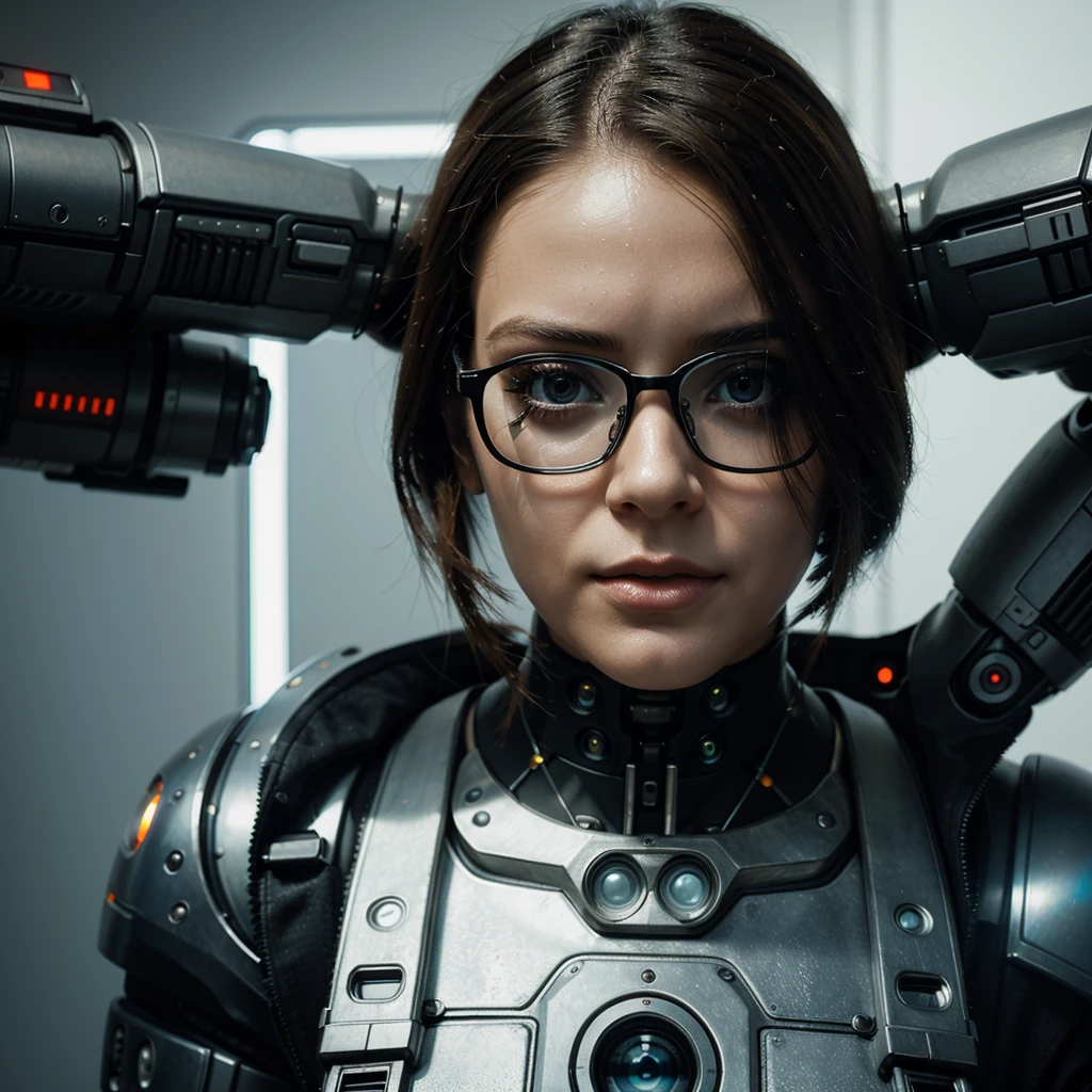 puffy woman with a pair of glasses on her face, portrait of a science fiction woman, portrait beautiful science fiction girl, futuristic woman portrait, cyborg - girl, cyberpunk bionic eye, cyborg woman, cyborg girl, cyborg eyes, Portrait of a mechanic, human with a robot eye, beautiful cyberpunk woman model, beautiful cyborg girl