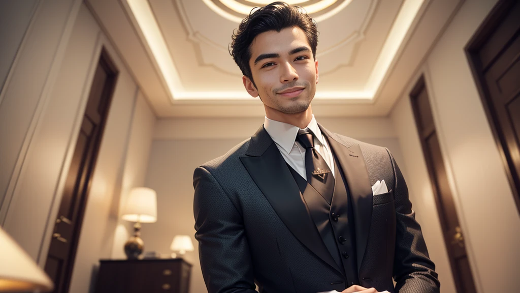 A rich man is standing, well-dressed, inside a luxurious office room. He wears an elegant suit and is smiling confidently at the camera. The environment around it is sophisticated, with high-quality furniture and modern decor. From the ceiling, dollar bills and bitcoin coins fall around you, symbolizing wealth and financial success. The man's expression conveys satisfaction and pride as he looks directly into the camera, capturing the moment of prosperity.