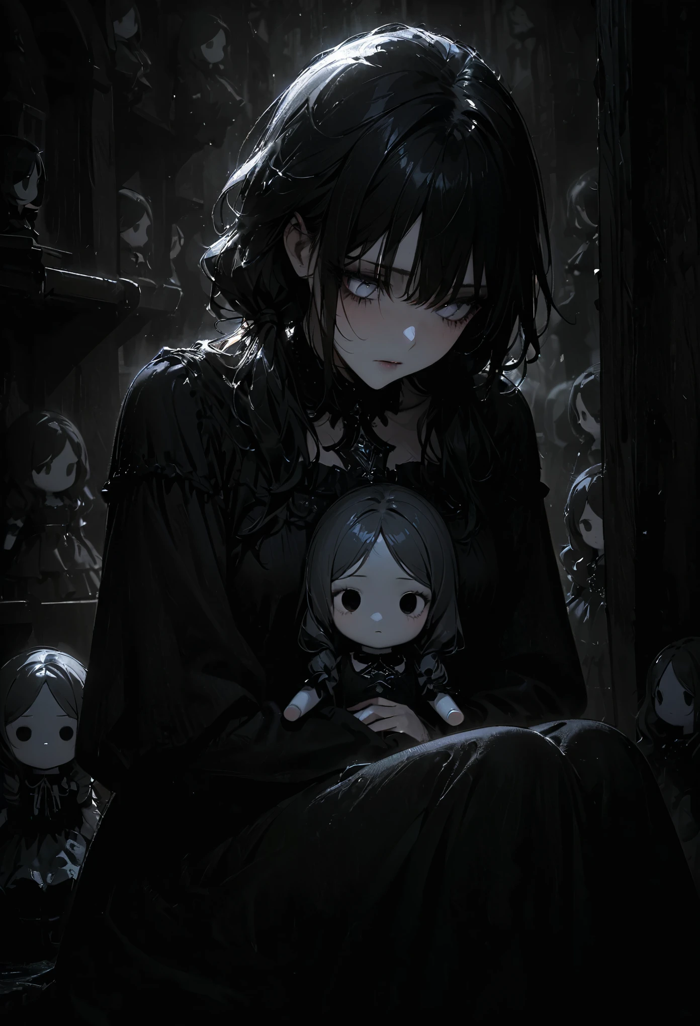 1porcelain doll, low twintails with white rose, black hair, detailed face, ((emotionless expression)), ((lifeless)), plain white skin, plain white eyes, long eyelashes, (gaze down), black eye liner, white face makeup, gray lipstick, black dress, ornate, medieval theme, (dark horror theme), cold lighting, white lighting, (dust), sitting lean on the wall, (tilt head), (sitting in dark conner of doll shop), (doll shelf), porcelain doll, (masterpiece:1.2), super detailed, best quality, DeepNegative_xl_v1