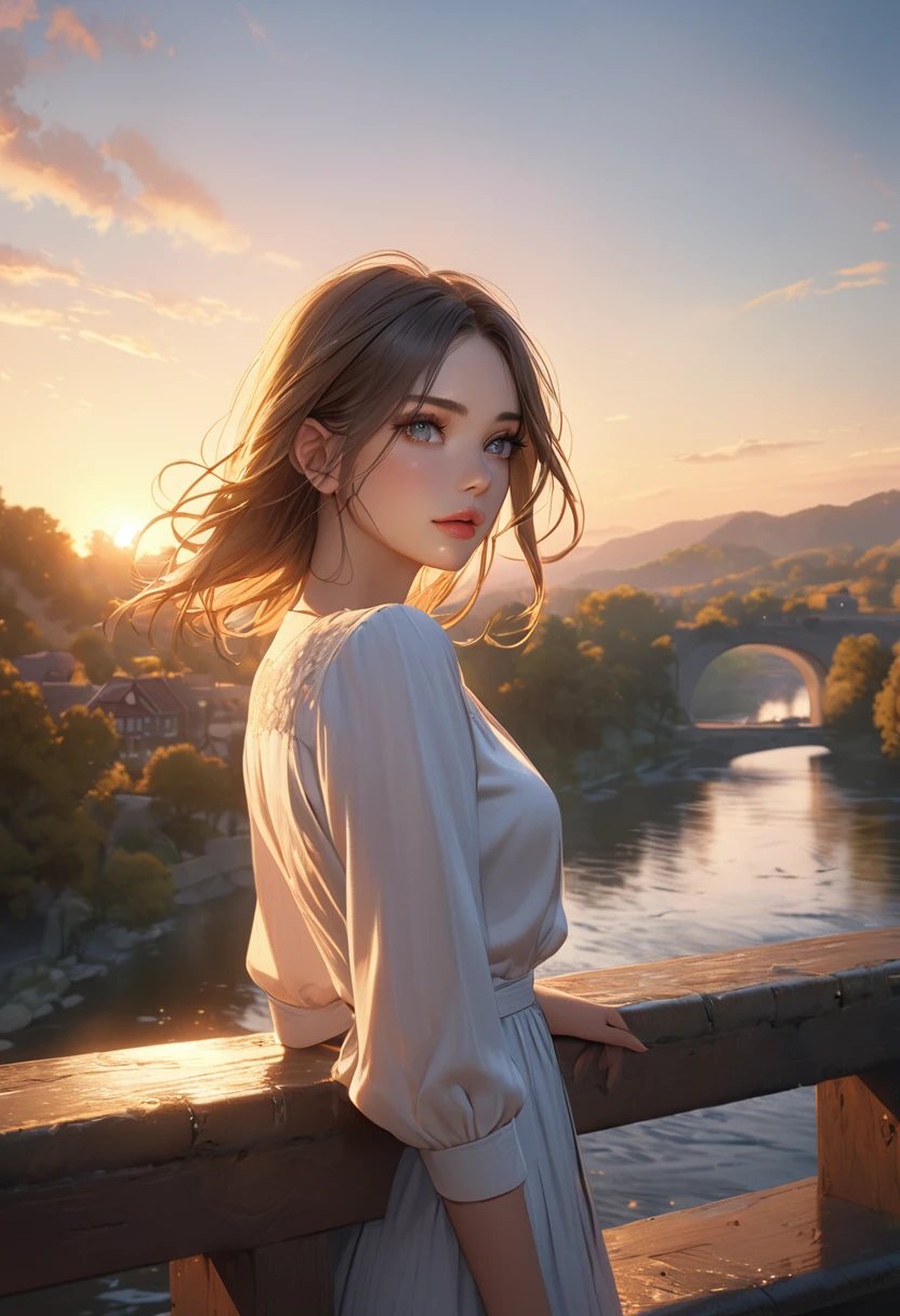 girl on bridge overlooking river at sunset, detailed face with beautiful eyes and lips, cinematic lighting, golden hour, serene atmosphere, photorealistic, masterpiece, 8k, ultra-detailed