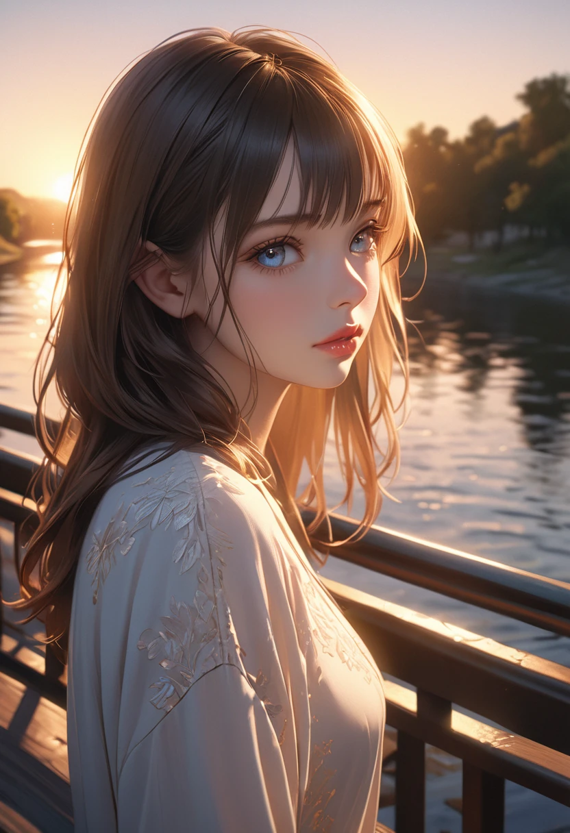 girl on bridge overlooking river at sunset, detailed face with beautiful eyes and lips, cinematic lighting, golden hour, serene atmosphere, photorealistic, masterpiece, 8k, ultra-detailed