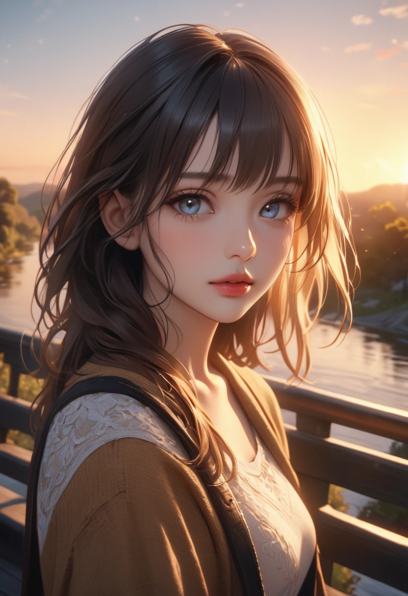 girl on bridge overlooking river at sunset, detailed face with beautiful eyes and lips, cinematic lighting, golden hour, serene atmosphere, photorealistic, masterpiece, 8k, ultra-detailed