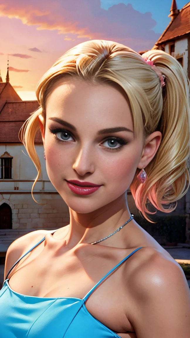 Natalie Portman, loose blonde hair with ponytail, beautiful face, ((pink lipstick)), naked, parcialmente naked, ((sky blue mini dress)), hanging out, pose sexy, Chest closeup, seductive smile, fancy, medieval castle ballroom