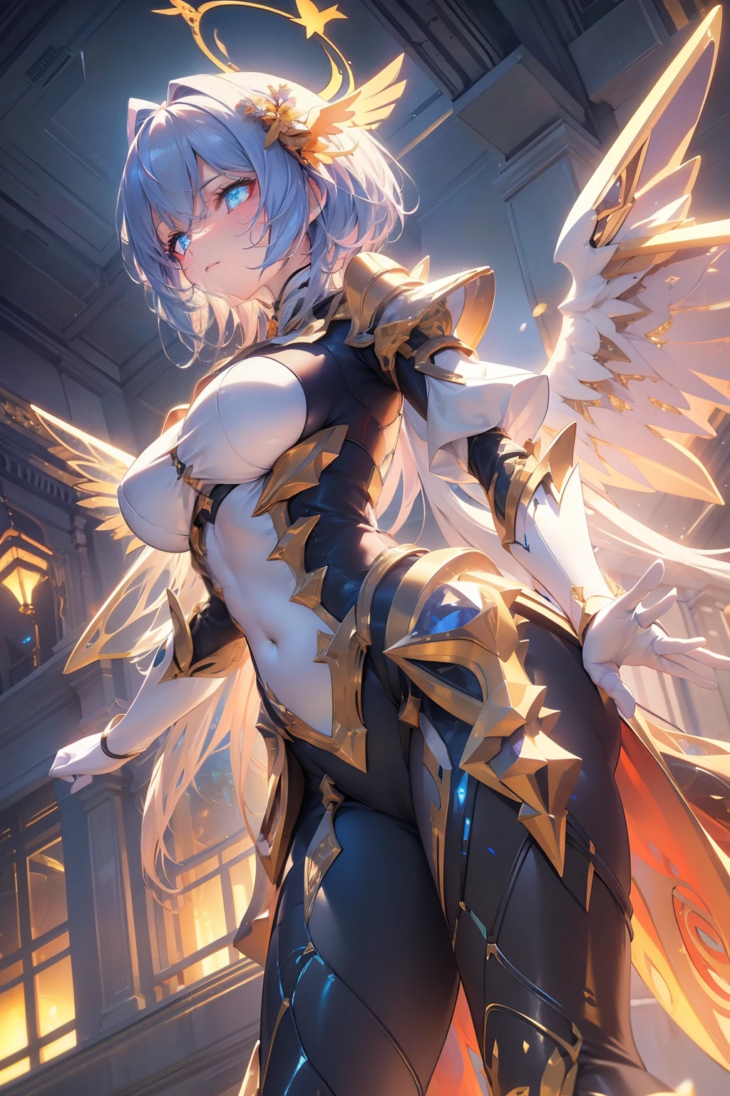 (best quality, masterpiece, colorful, dynamic angle, from below, highest detailed)upper body photo, full body photo, fashion photography of cute mechangel, glowing 4 wings, solo, glowing armor, glowing halo, building, glowing mechanical 4 wings (intricate details, hyperdetailed:1.15), detailed, light passing through hair, (official art, extreme detailed, highest detailed), HDR+