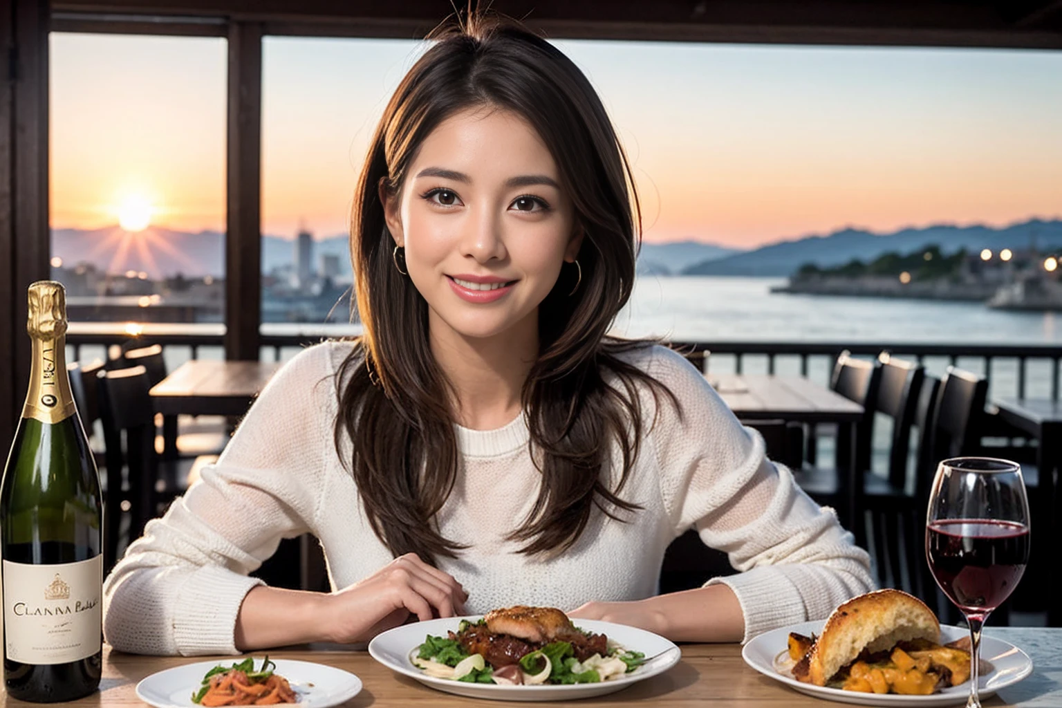 (Realistic:1.1),(masterpiece,Highest quality),8k,(56 years old), 53 years old, ベリーslimボディ、slimカップル、Tight waist,Upper Body,full-course dinner、wine 、Amazing view of the sunset sky and clouds、Perfect Anatomy, Brown Hair, short hair,Random Hairstyles,((Highly detailed face and eyes:1.2)),Perfect golden ratio face,Long sleeve shirt、dress,(smile:1.2)、Shortcuts、cute、(Realistic, Intricate details:1.2), A bright smile、short hair,Bright Face、赤wine 、Appetizers、Italian food、wine bottle、Champagne、スパークリングwine、(slimな顔), (The body is slim), (Brown Hair), (Shortcuts), Upper Body, 白wine, slim, wineグラス,